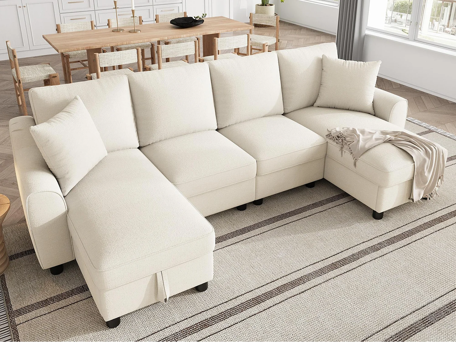 Canapé d'angle en U moderne 280×137×84 cm - comprend deux coussins - avec espace de rangement - tissu chenille - beige