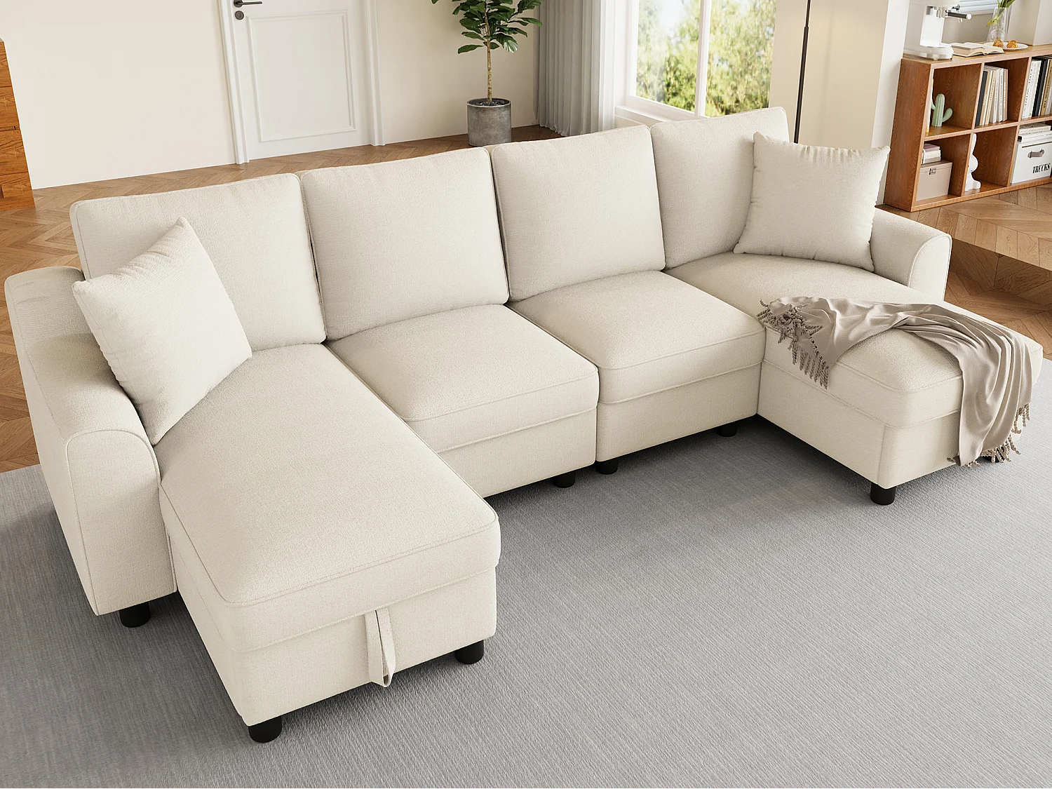 Modernes U-förmiges Ecksofa 280×137×84 cm - inklusive zwei Kissen - mit Stauraum - Chenille-Stoff - beige