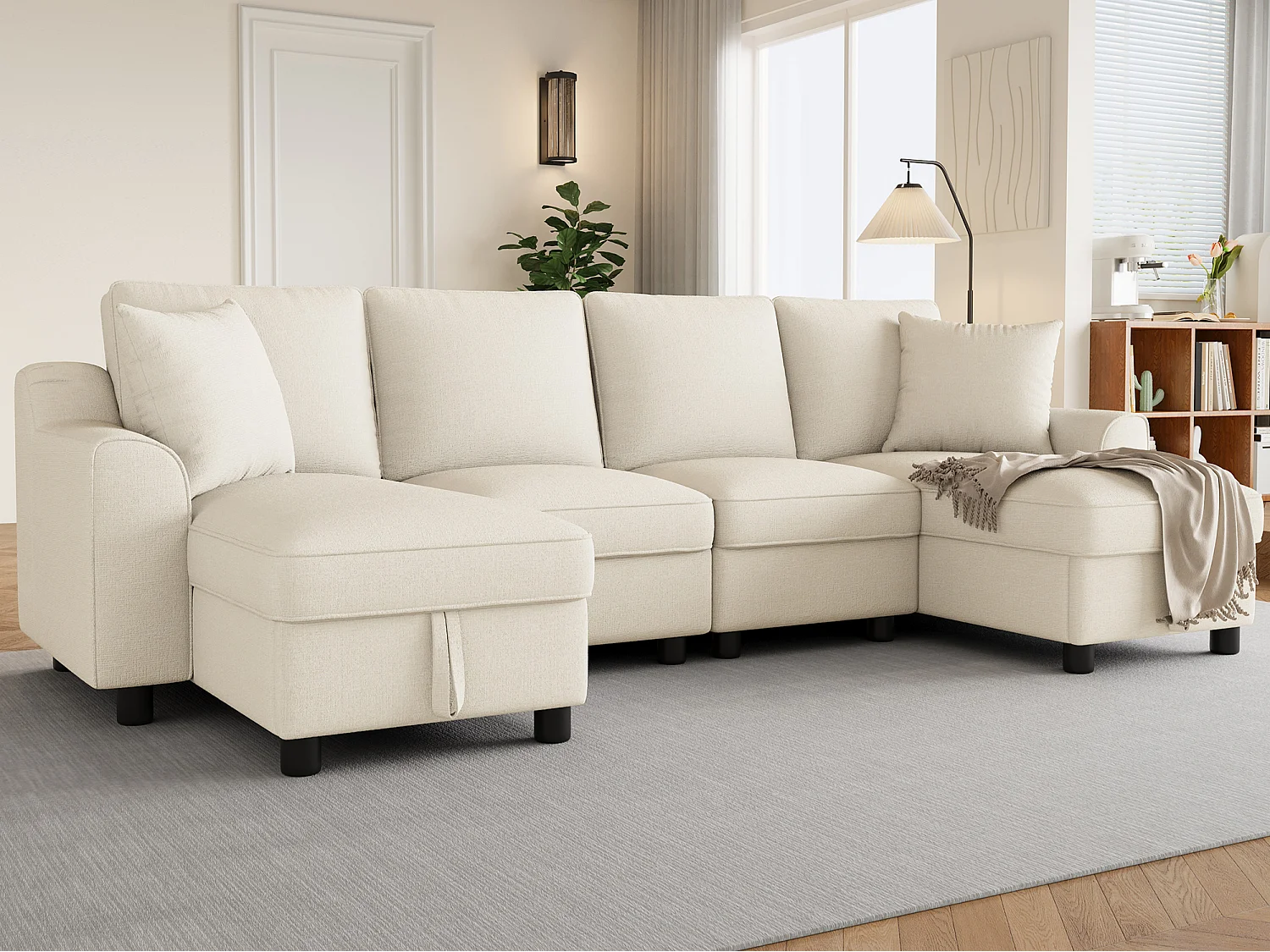 Modernes U-förmiges Ecksofa 280×137×84 cm - inklusive zwei Kissen - mit Stauraum - Chenille-Stoff - beige