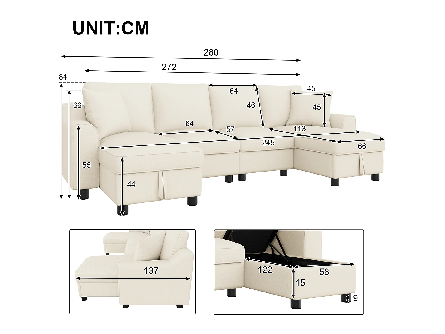 Modernes U-förmiges Ecksofa 280×137×84 cm - inklusive zwei Kissen - mit Stauraum - Chenille-Stoff - beige