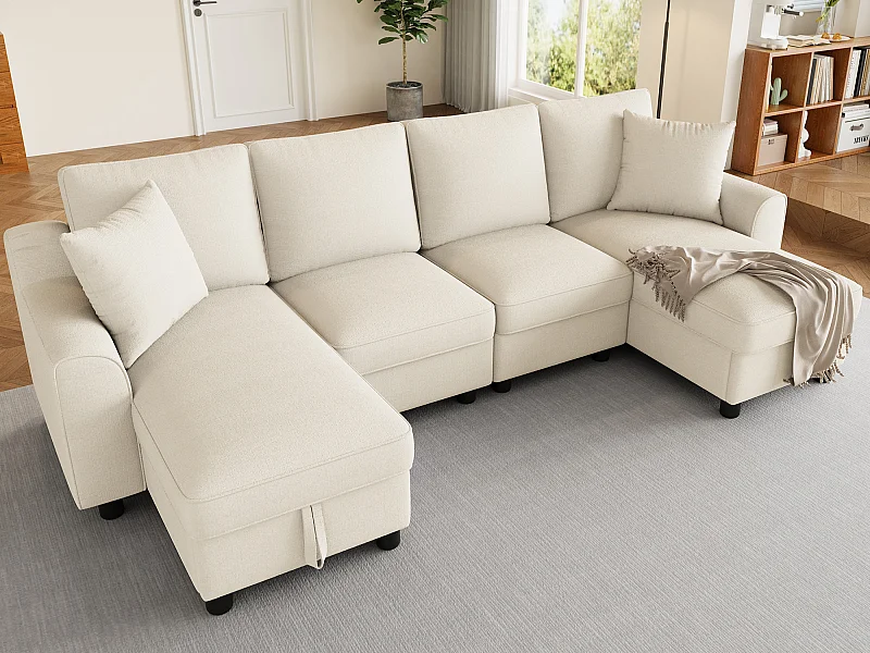 Moderne U-vormige hoekbank 280×137×84 cm - inclusief twee kussens - met opbergruimte - chenillestof - beige