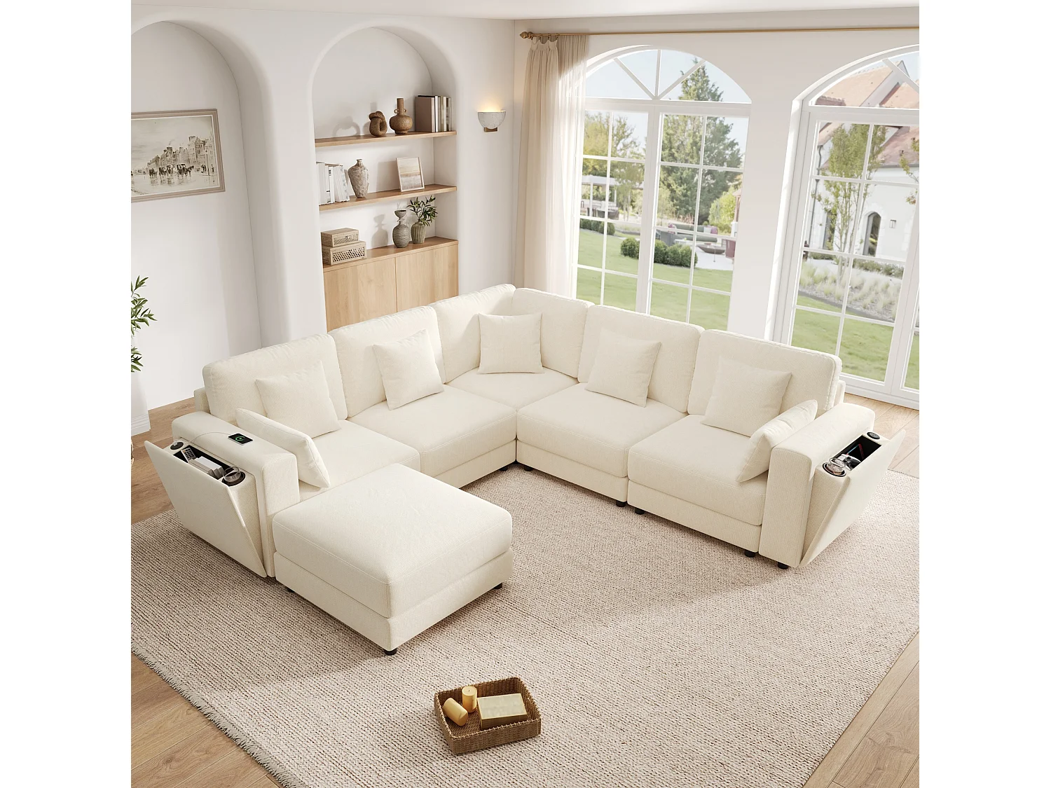 Canapé d'angle moderne 6 places - Design en L ou en U - interfaces USB et Type-C - Porte-gobelets intégrés - Espace de rangement - 7 coussins - Beige