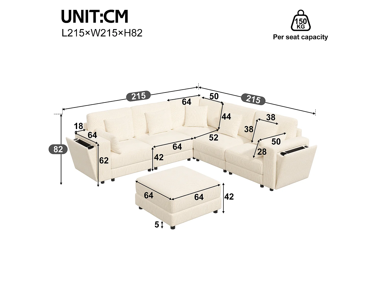 Canapé d'angle moderne 6 places - Design en L ou en U - interfaces USB et Type-C - Porte-gobelets intégrés - Espace de rangement - 7 coussins - Beige