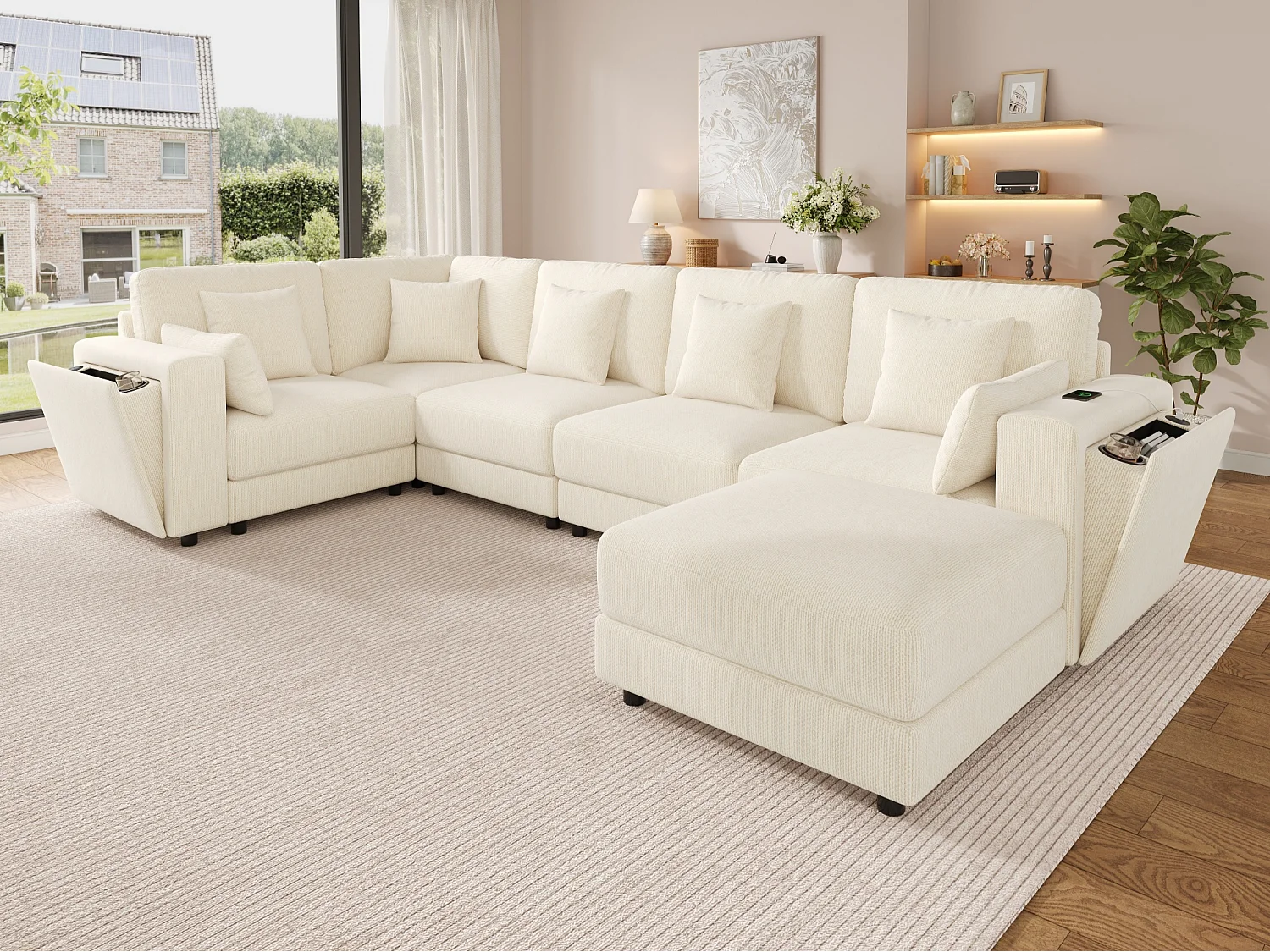 Canapé d'angle moderne 6 places - Design en L ou en U - interfaces USB et Type-C - Porte-gobelets intégrés - Espace de rangement - 7 coussins - Beige