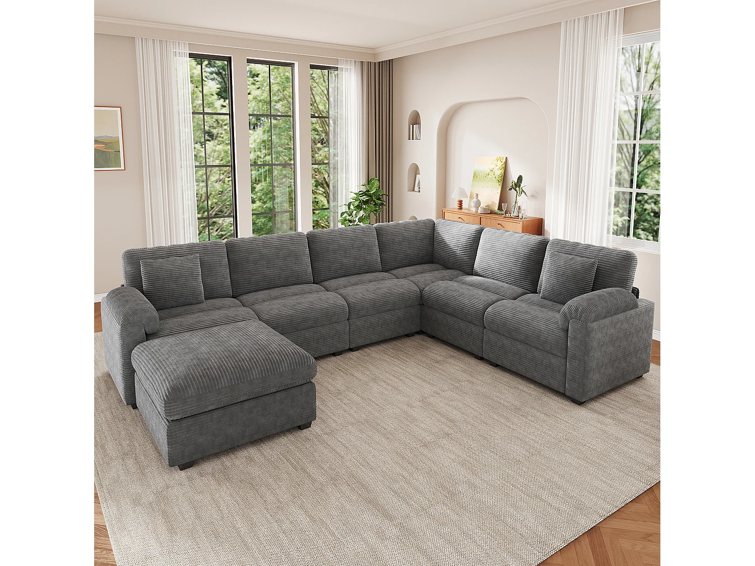 Canapé d'angle extra-large 7 places en forme de U - velours côtelé - avec coussins et pouf séparé - gris