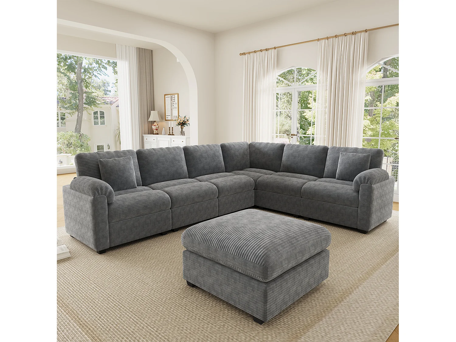 Canapé d'angle extra-large 7 places en forme de U - velours côtelé - avec coussins et pouf séparé - gris