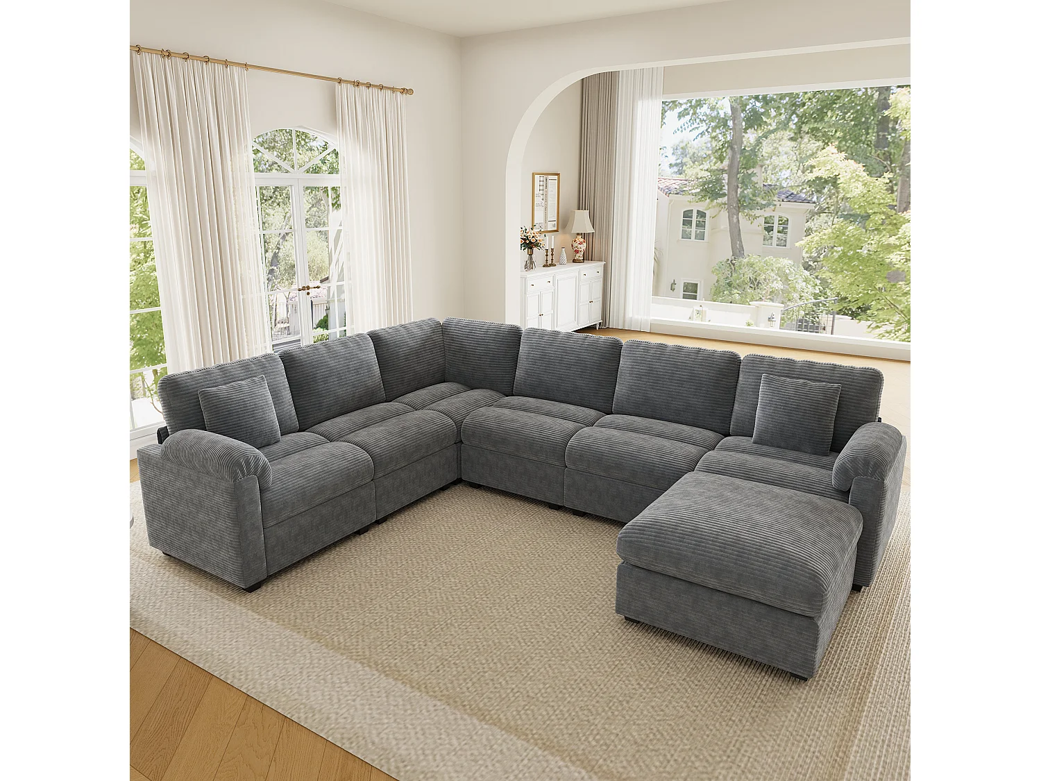Canapé d'angle extra-large 7 places en forme de U - velours côtelé - avec coussins et pouf séparé - gris