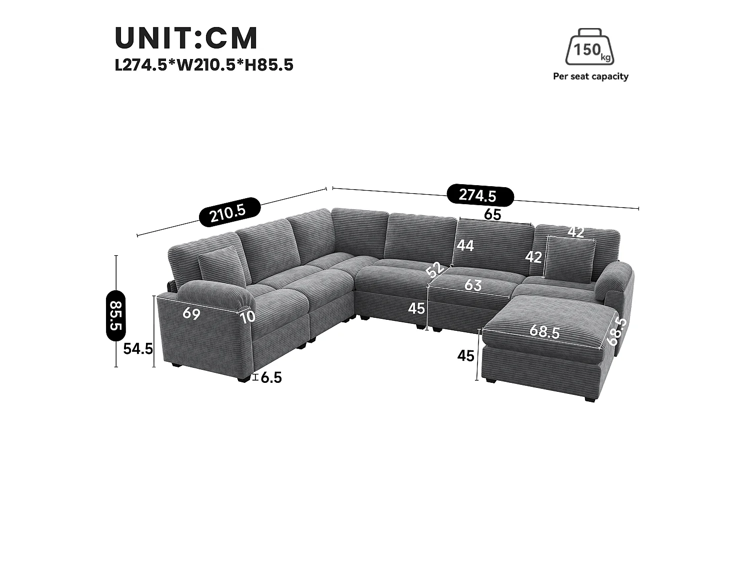 Canapé d'angle extra-large 7 places en forme de U - velours côtelé - avec coussins et pouf séparé - gris