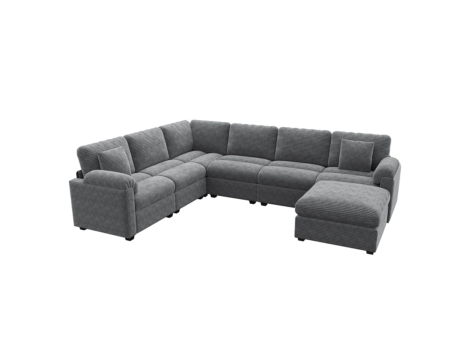 Canapé d'angle extra-large 7 places en forme de U - velours côtelé - avec coussins et pouf séparé - gris