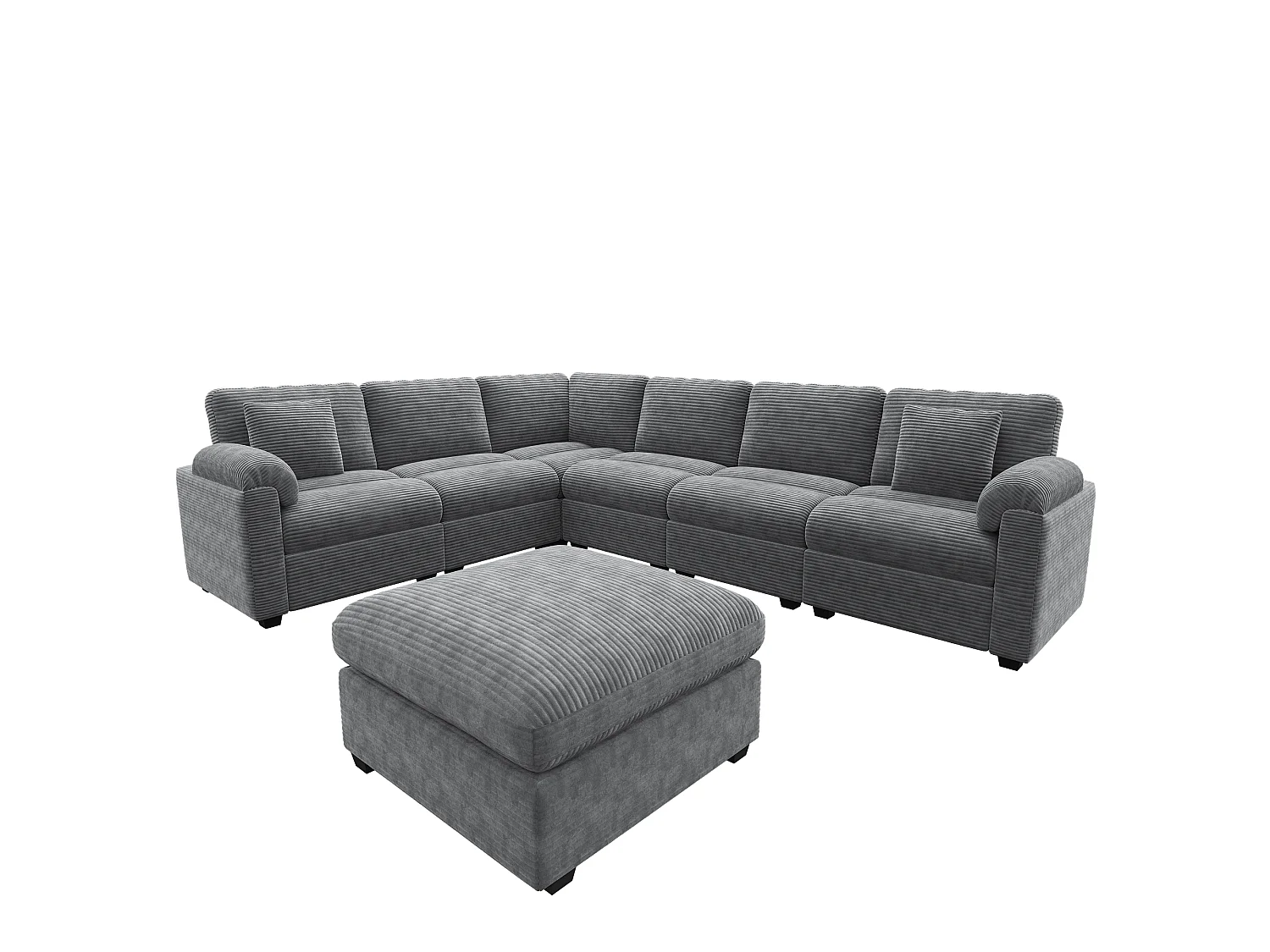 Canapé d'angle extra-large 7 places en forme de U - velours côtelé - avec coussins et pouf séparé - gris