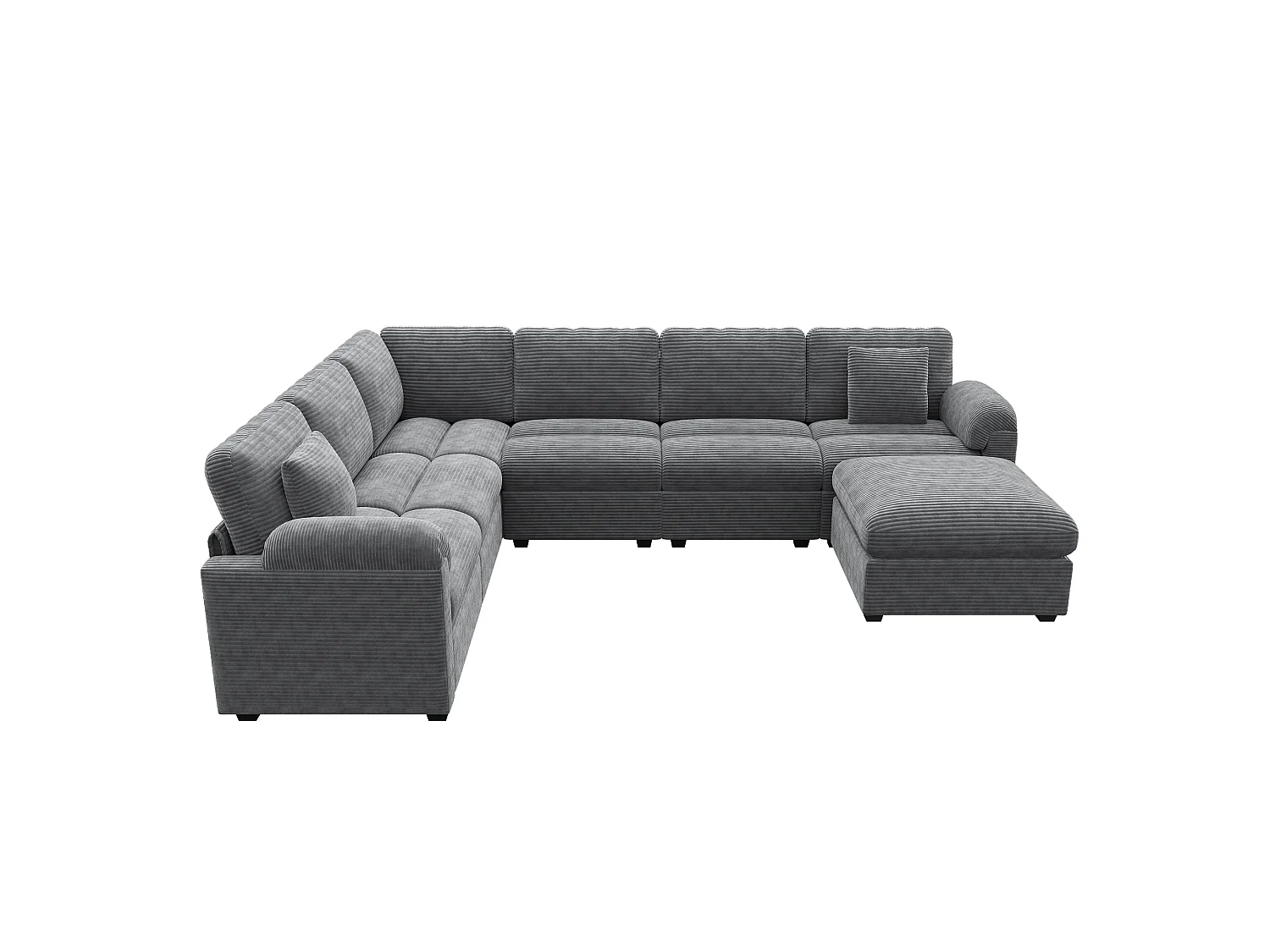Canapé d'angle extra-large 7 places en forme de U - velours côtelé - avec coussins et pouf séparé - gris