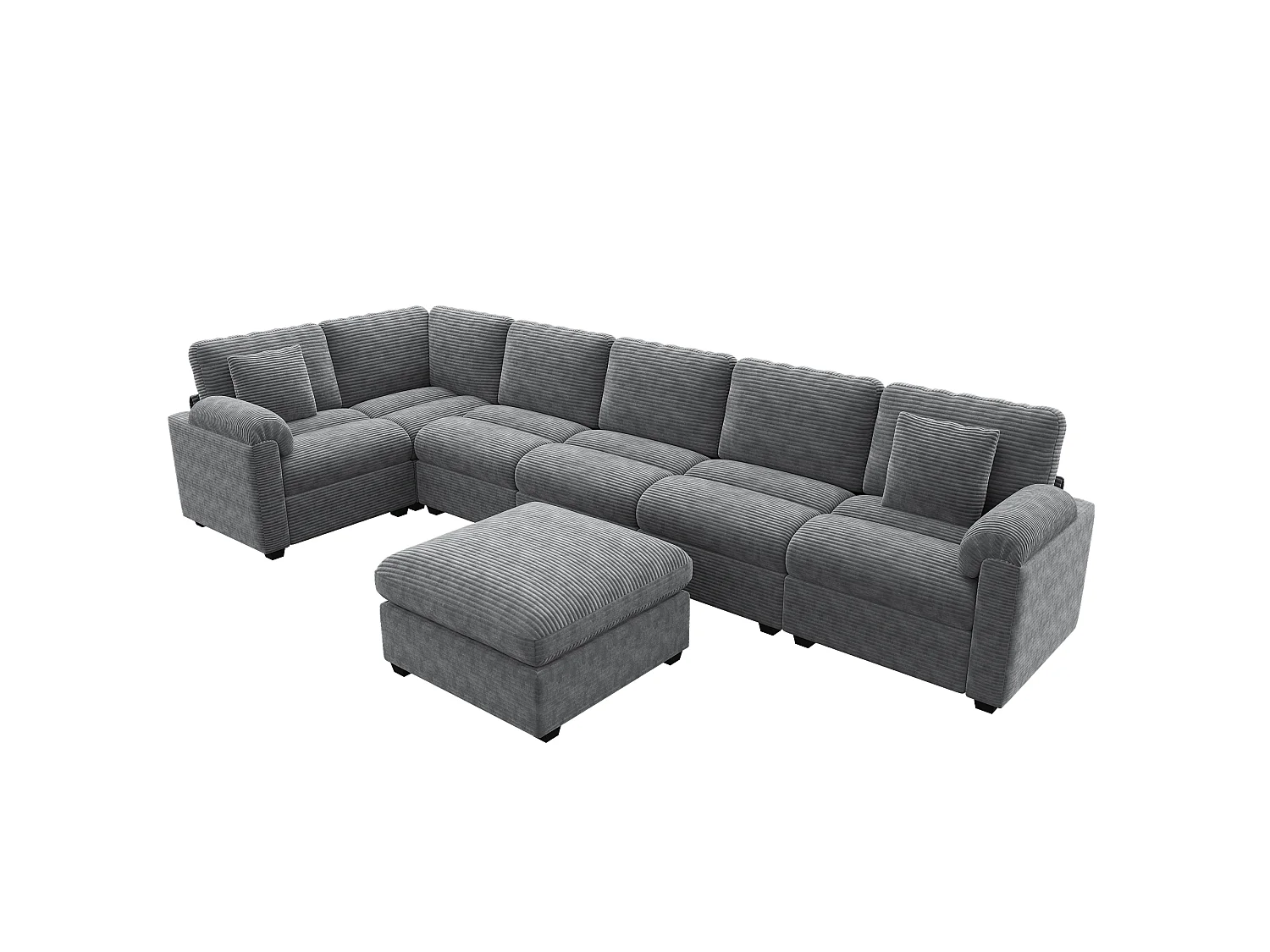 Canapé d'angle extra-large 7 places en forme de U - velours côtelé - avec coussins et pouf séparé - gris
