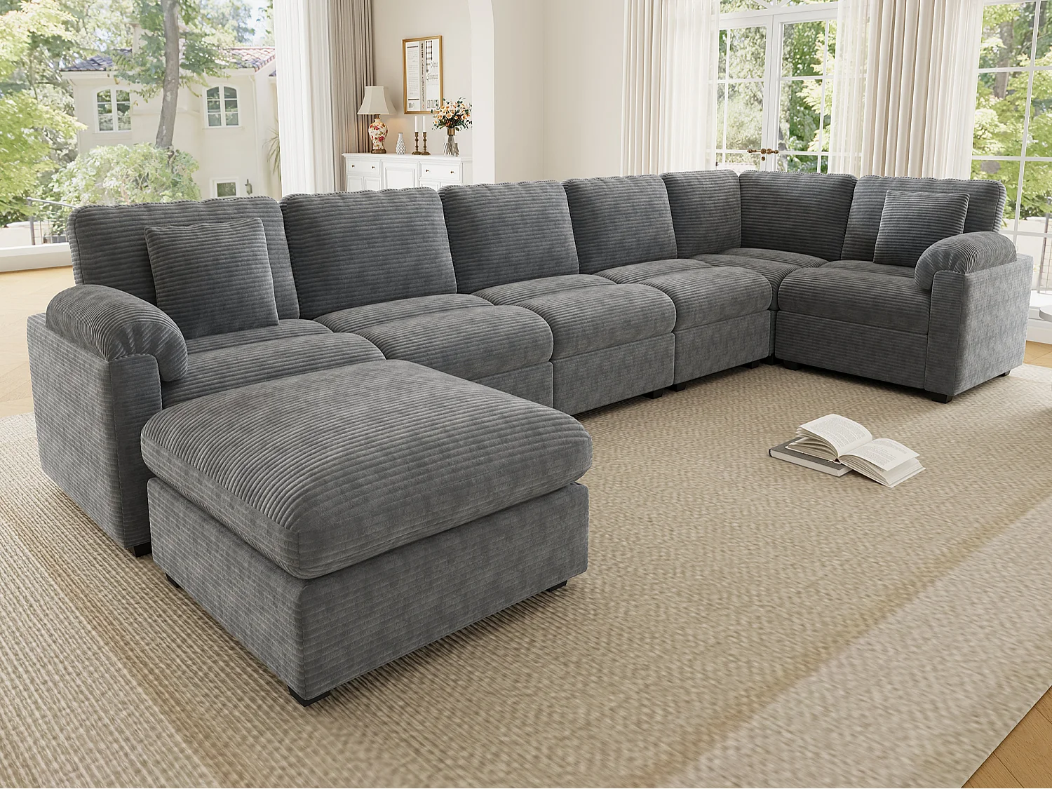Canapé d'angle extra-large 7 places en forme de U - velours côtelé - avec coussins et pouf séparé - gris