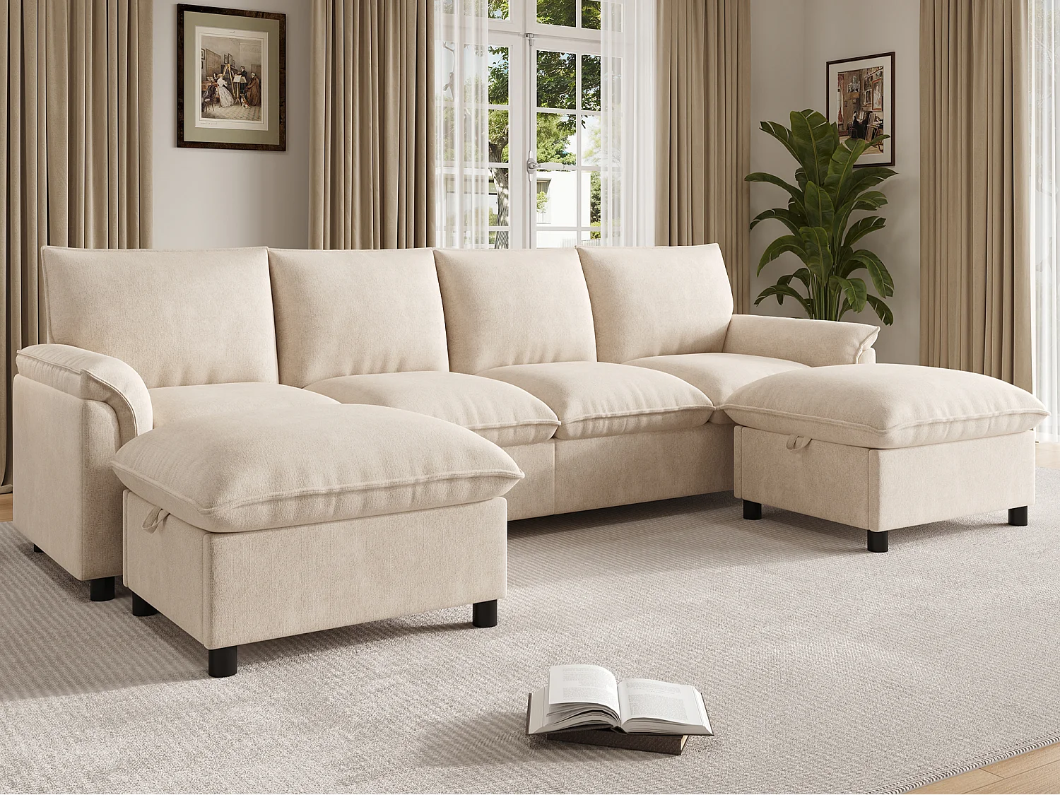 Canapé nuage modulaire en forme de U - avec 2 repose-pieds mobiles - avec espace de rangement - tissu chenille - beige