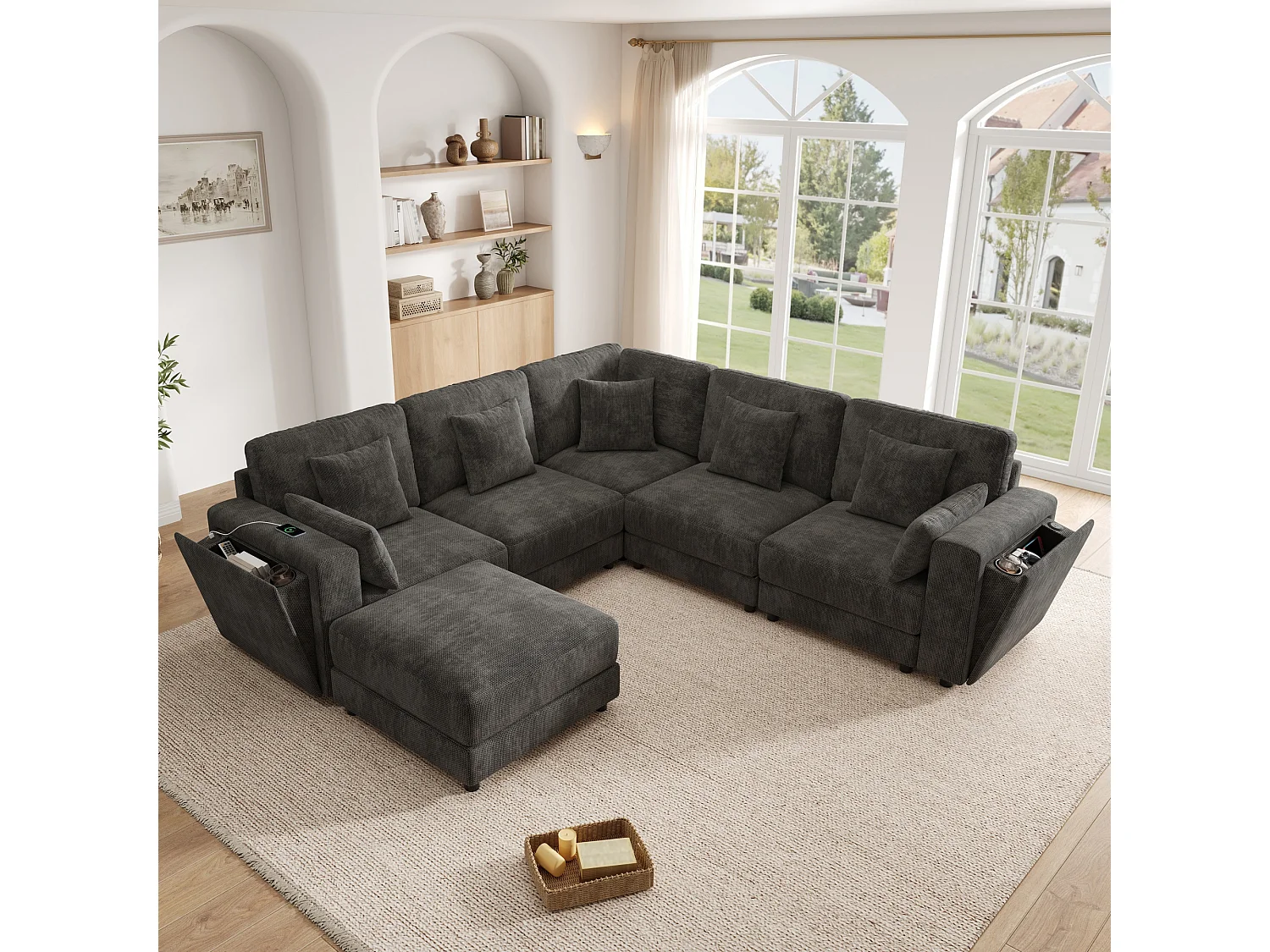 Canapé d'angle moderne 6 places - Design en L ou en U - interfaces USB et Type-C - Porte-gobelets intégrés - Espace de rangement - 7 coussins - Gris