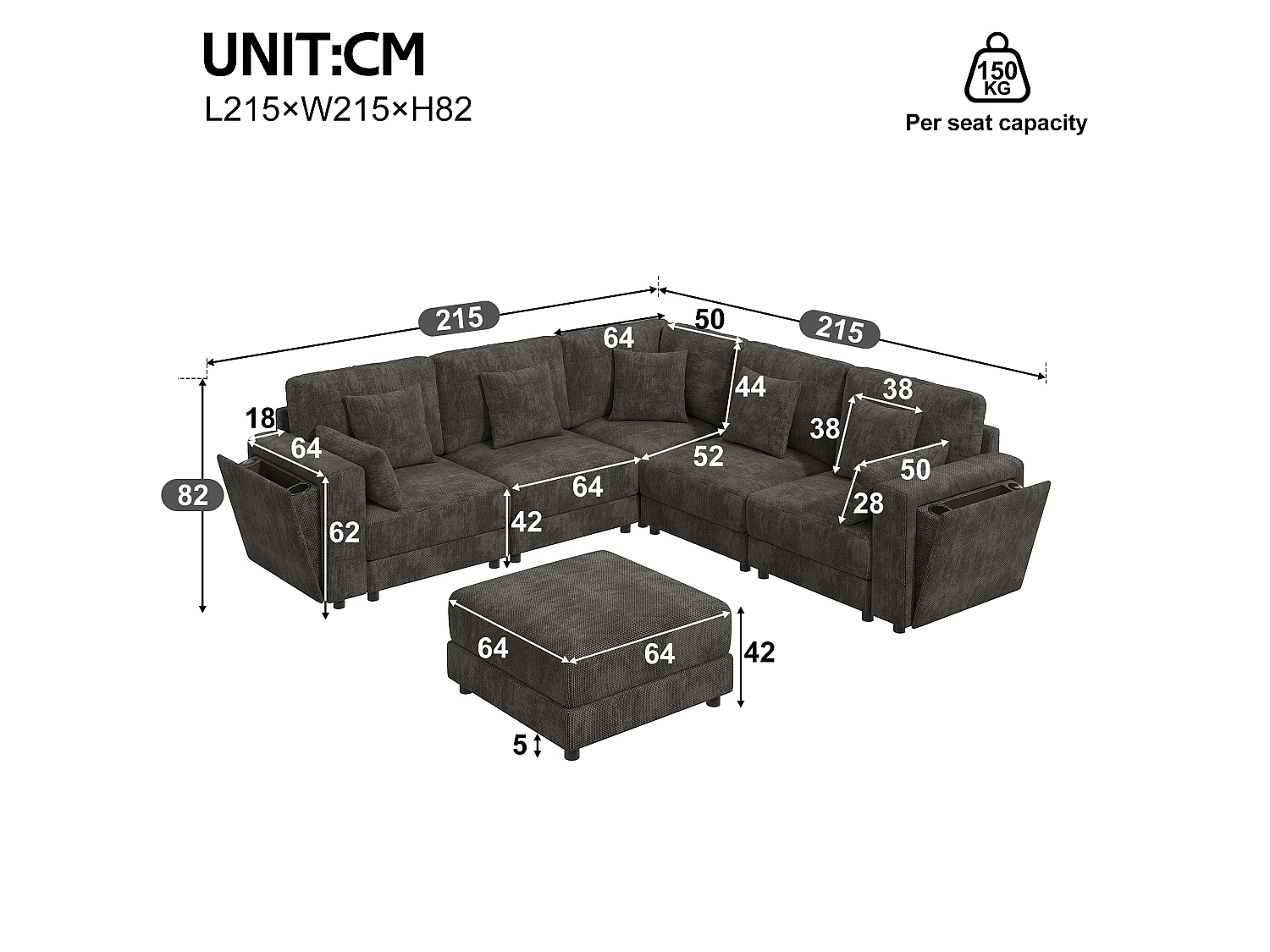 Canapé d'angle moderne 6 places - Design en L ou en U - interfaces USB et Type-C - Porte-gobelets intégrés - Espace de rangement - 7 coussins - Gris