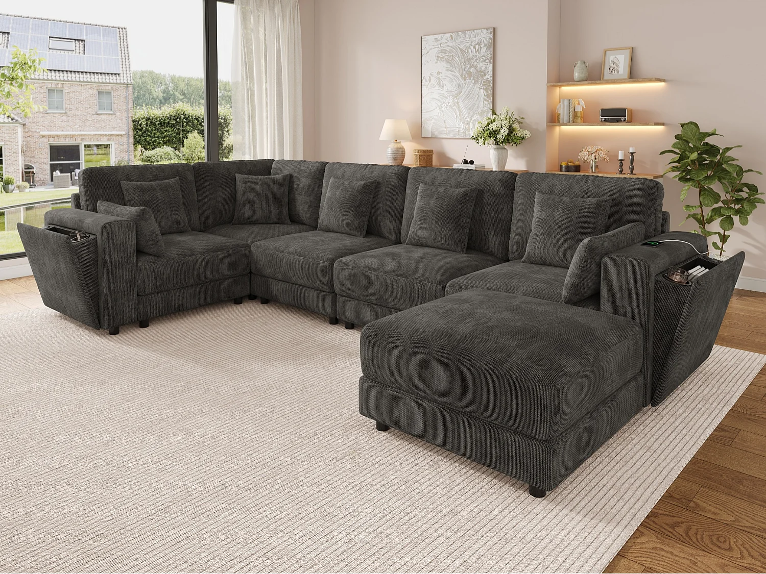 Canapé d'angle moderne 6 places - Design en L ou en U - interfaces USB et Type-C - Porte-gobelets intégrés - Espace de rangement - 7 coussins - Gris
