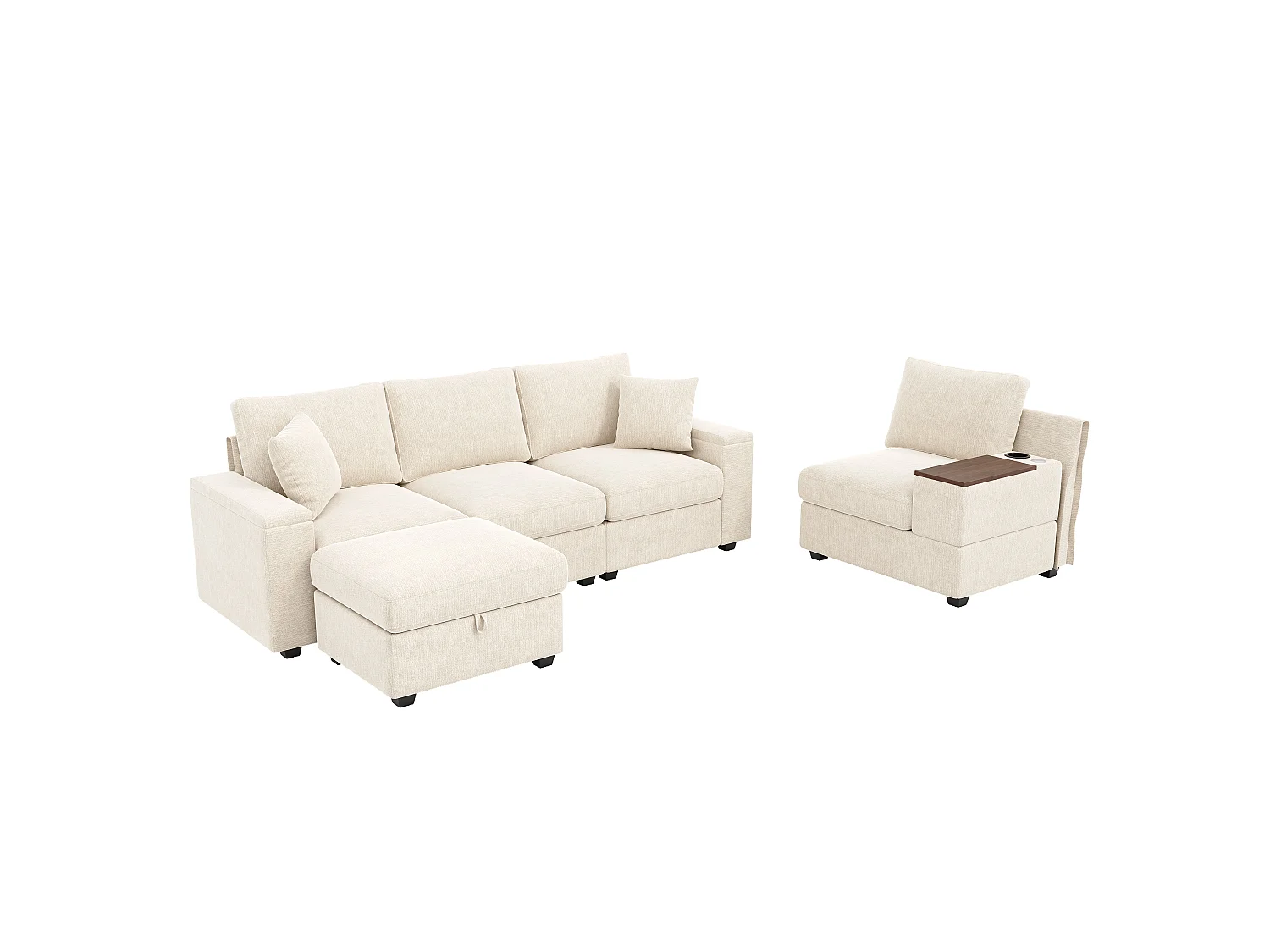 Moderner Ecksofa 4-Sitzer - mit Hocker - integrierter Stauraum - USB/Type-C-Anschluss und Becherhalter - Chenille-Stoff - Beige