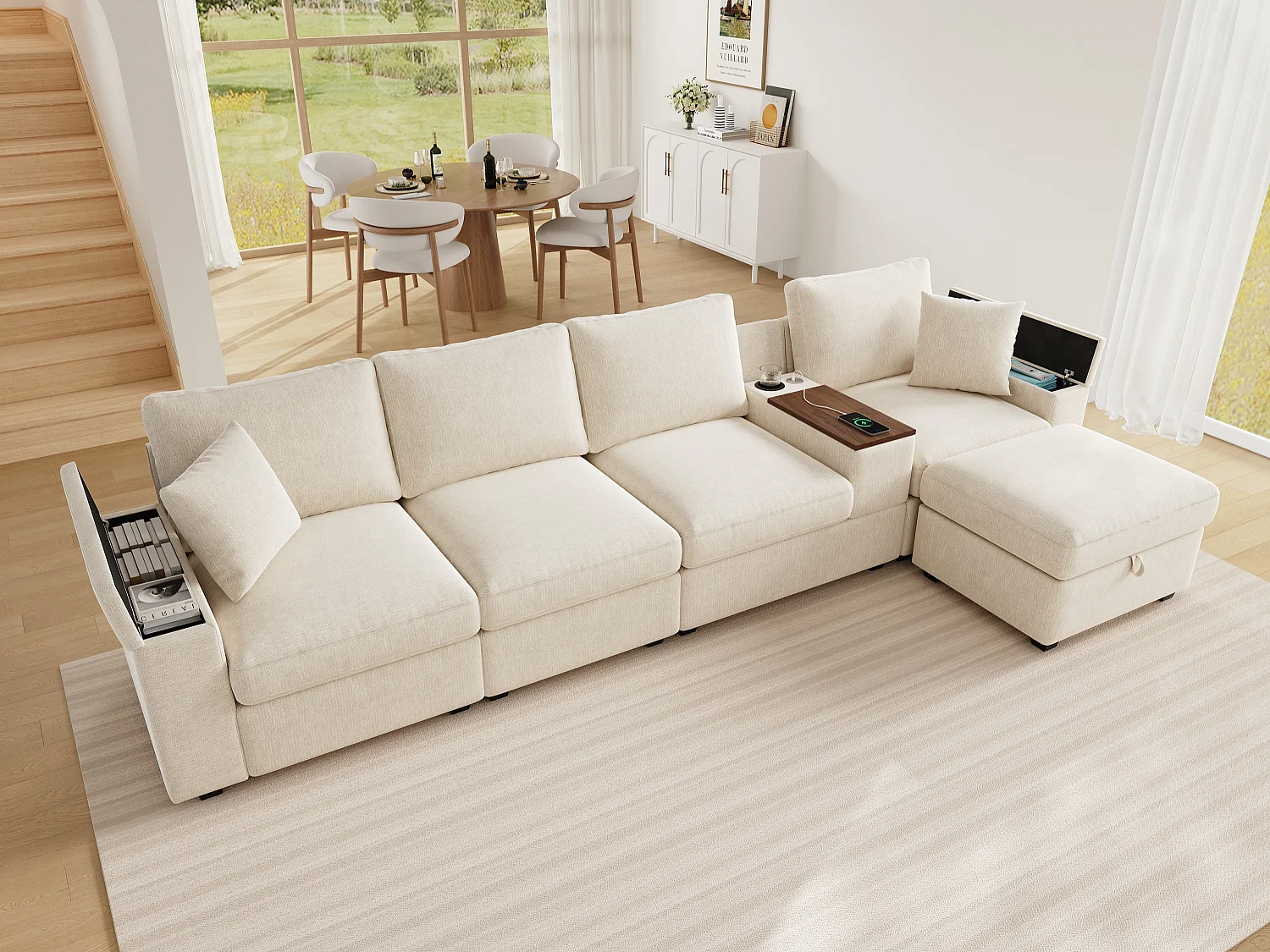 Moderner Ecksofa 4-Sitzer - mit Hocker - integrierter Stauraum - USB/Type-C-Anschluss und Becherhalter - Chenille-Stoff - Beige