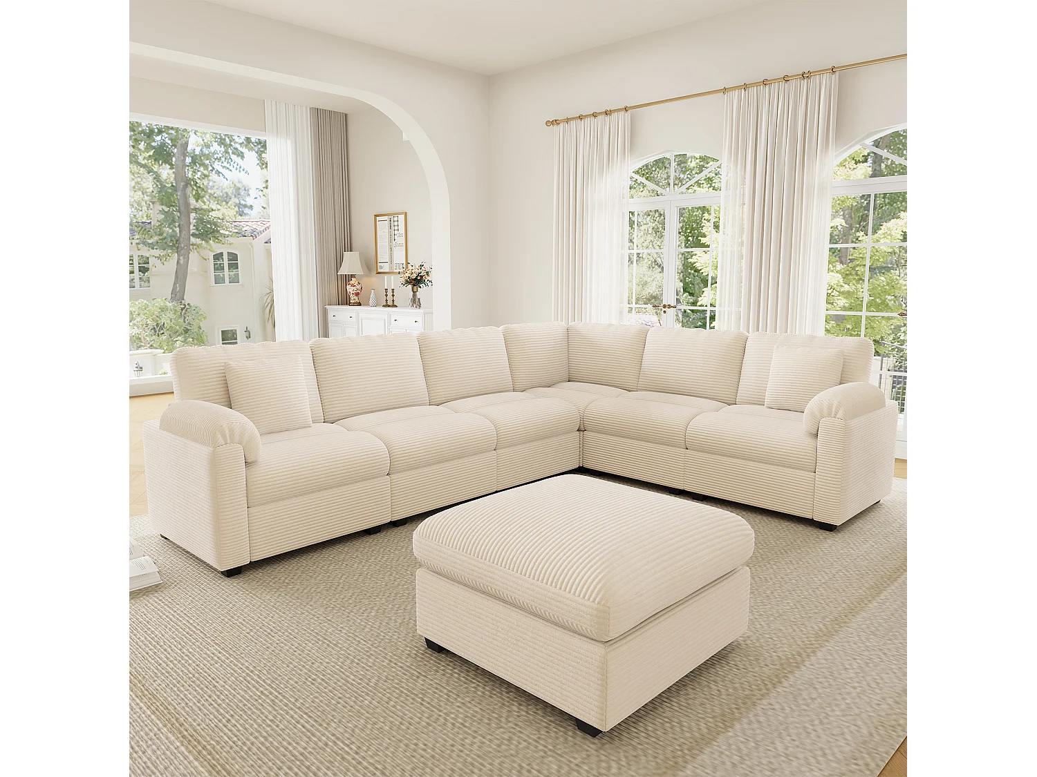 Canapé d'angle extra-large 7 places en forme de U - velours côtelé - avec coussins et pouf séparé - beige