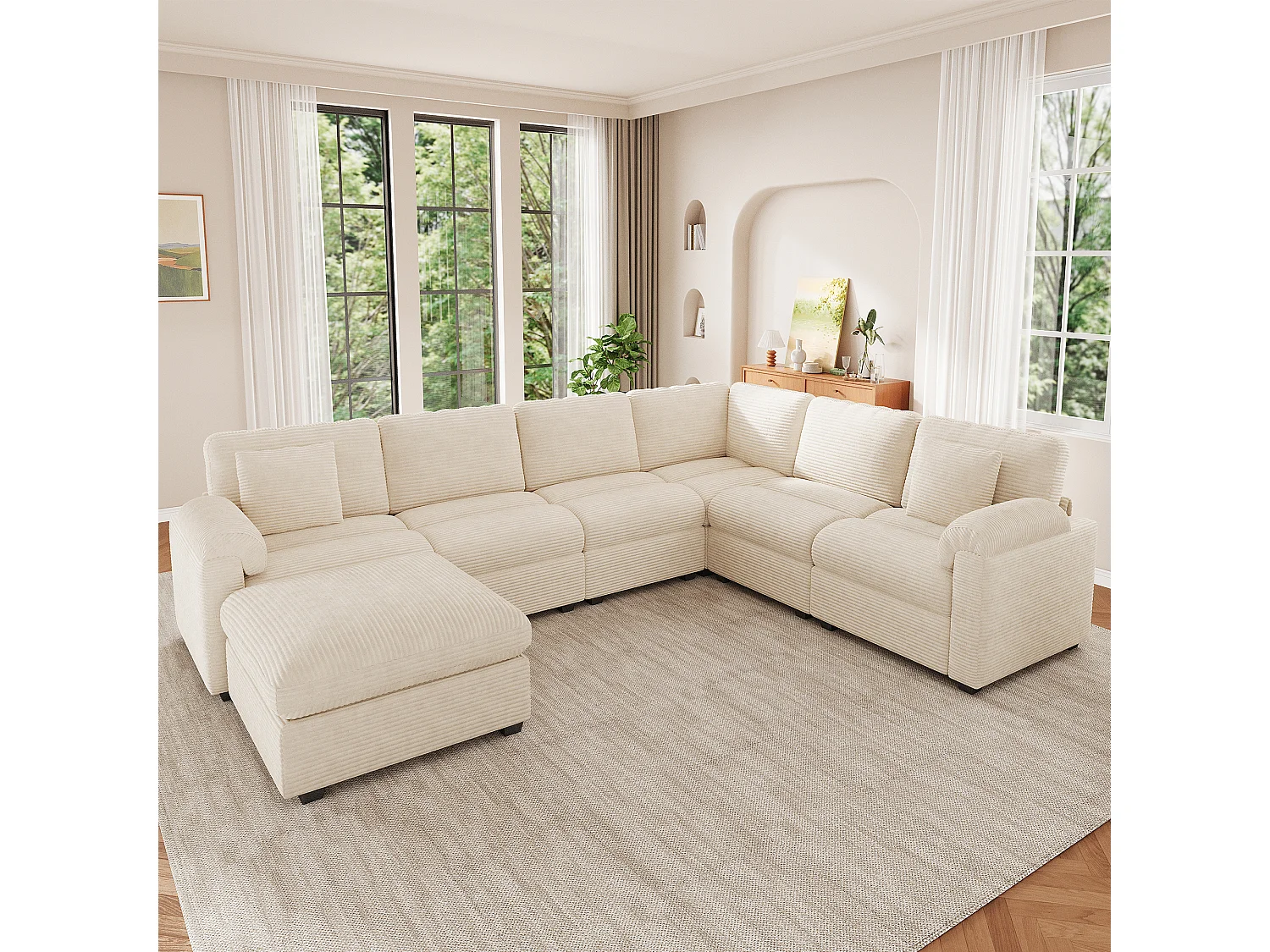 Canapé d'angle extra-large 7 places en forme de U - velours côtelé - avec coussins et pouf séparé - beige