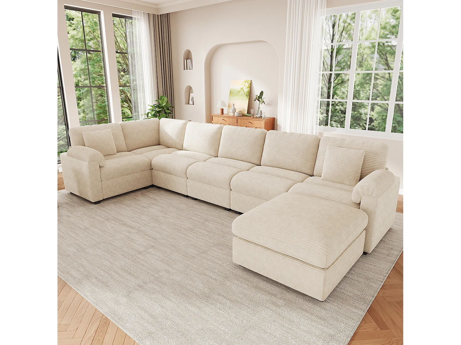 Canapé d'angle extra-large 7 places en forme de U - velours côtelé - avec coussins et pouf séparé - beige