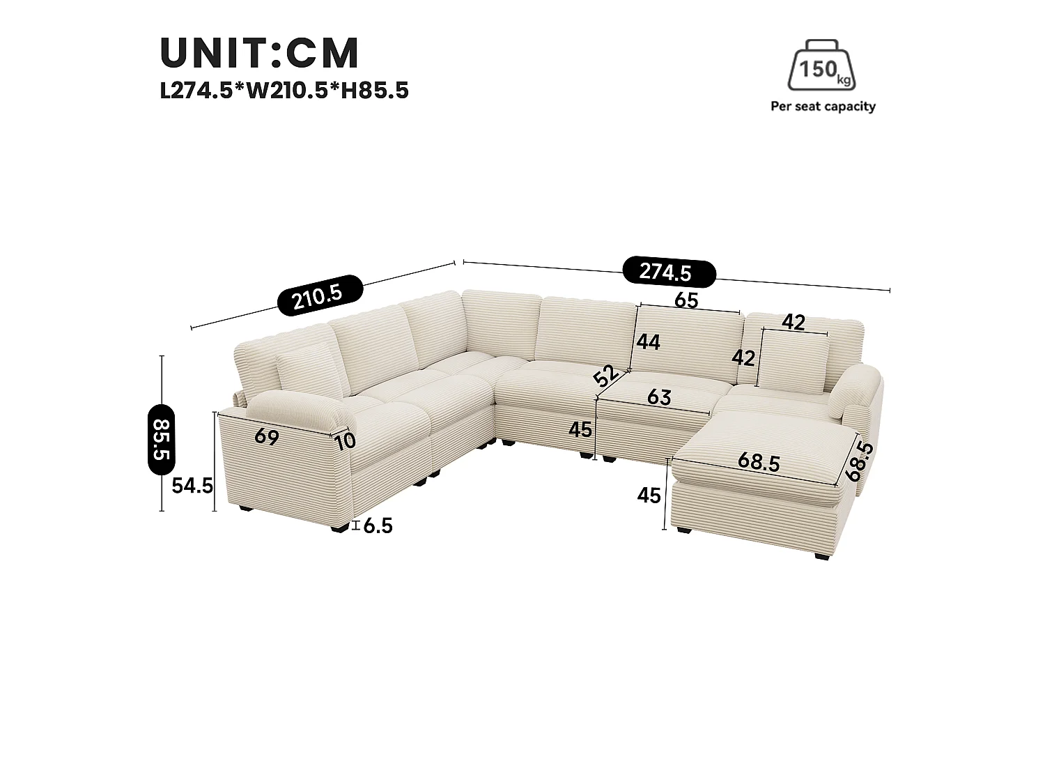 Canapé d'angle extra-large 7 places en forme de U - velours côtelé - avec coussins et pouf séparé - beige