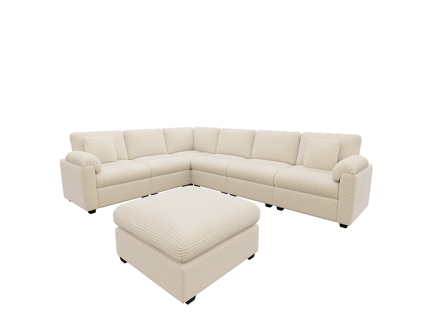 Canapé d'angle extra-large 7 places en forme de U - velours côtelé - avec coussins et pouf séparé - beige
