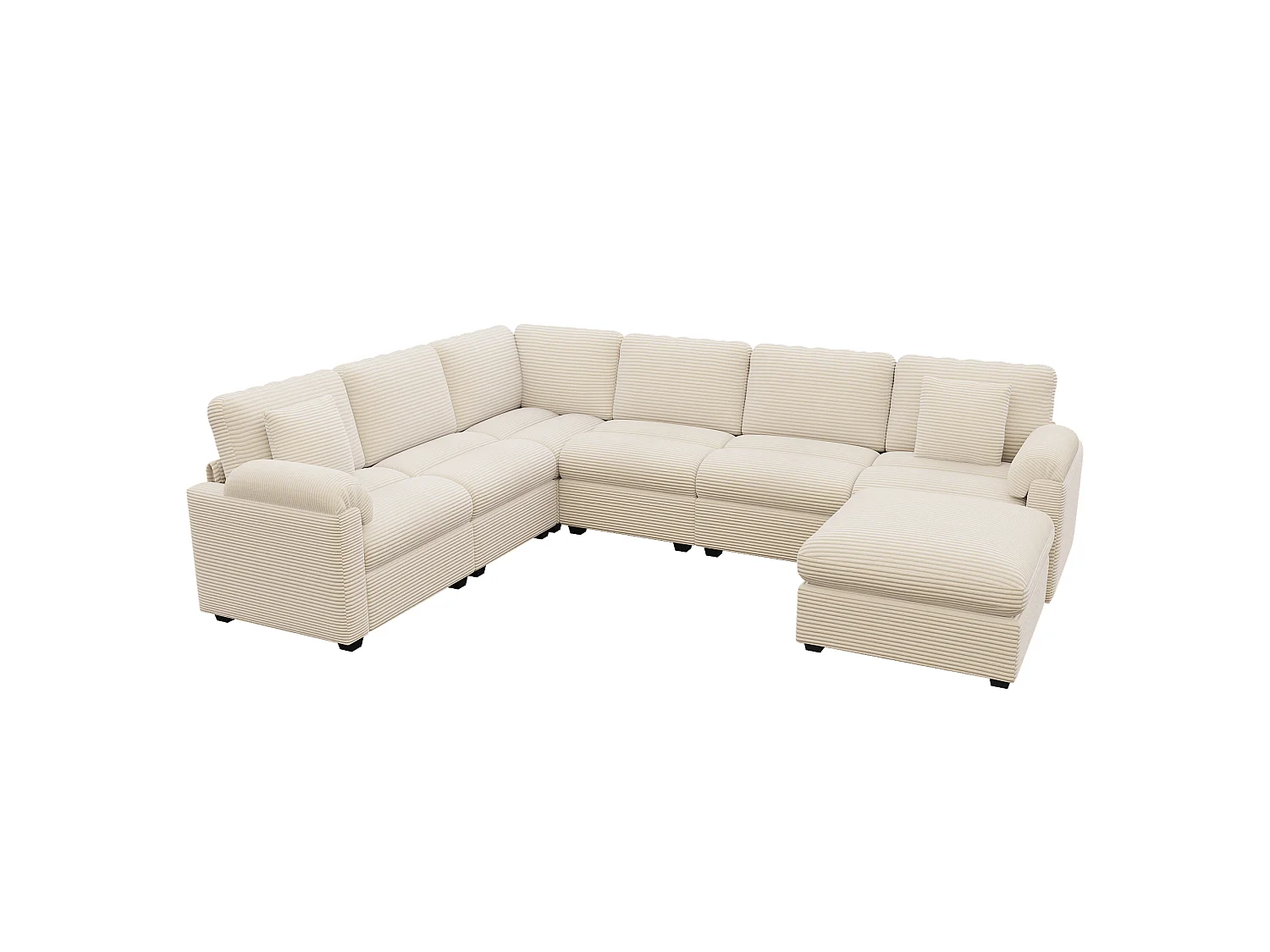 Canapé d'angle extra-large 7 places en forme de U - velours côtelé - avec coussins et pouf séparé - beige