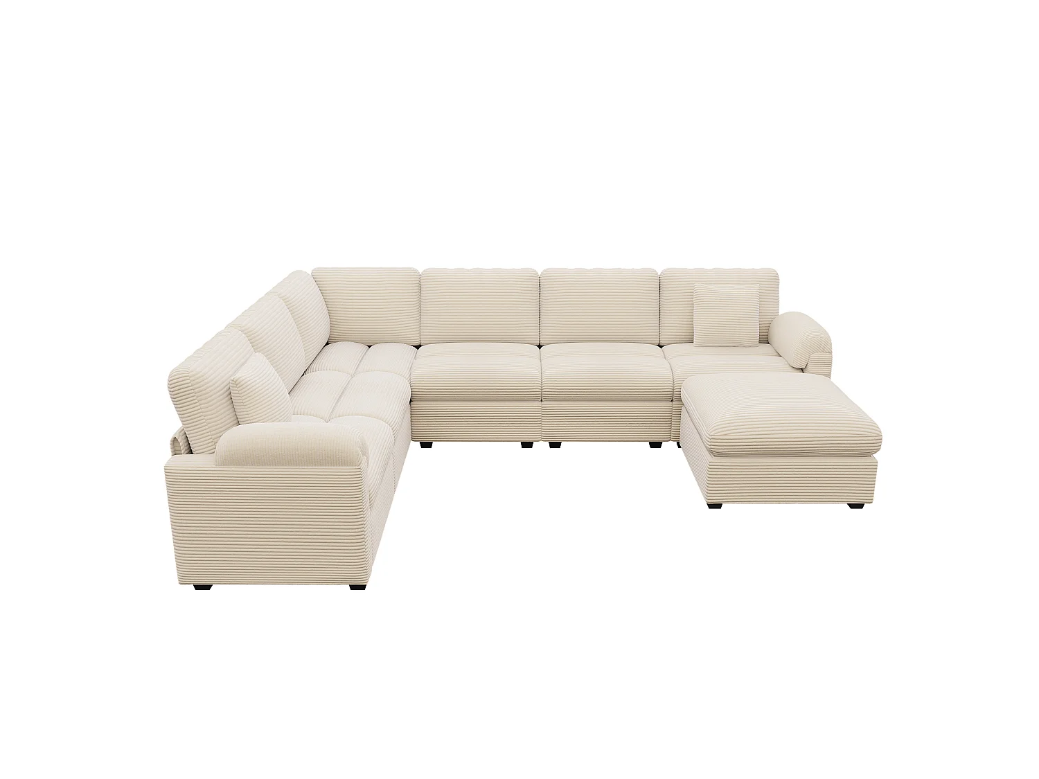 Canapé d'angle extra-large 7 places en forme de U - velours côtelé - avec coussins et pouf séparé - beige