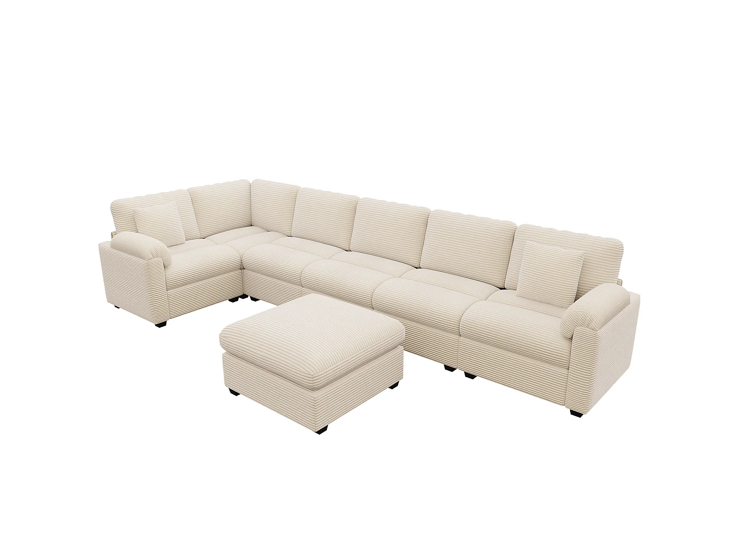 Canapé d'angle extra-large 7 places en forme de U - velours côtelé - avec coussins et pouf séparé - beige