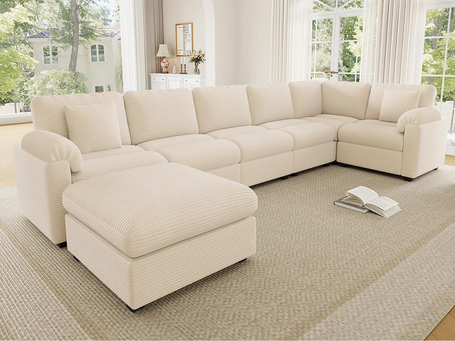 Canapé d'angle extra-large 7 places en forme de U - velours côtelé - avec coussins et pouf séparé - beige