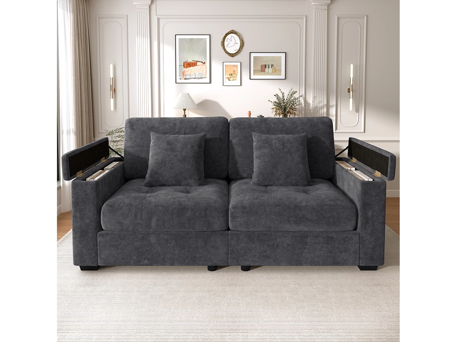 Canapé moderne 2 places - Accoudoirs avec rangement - 2 coussins - Tissu chenille - Gris foncé