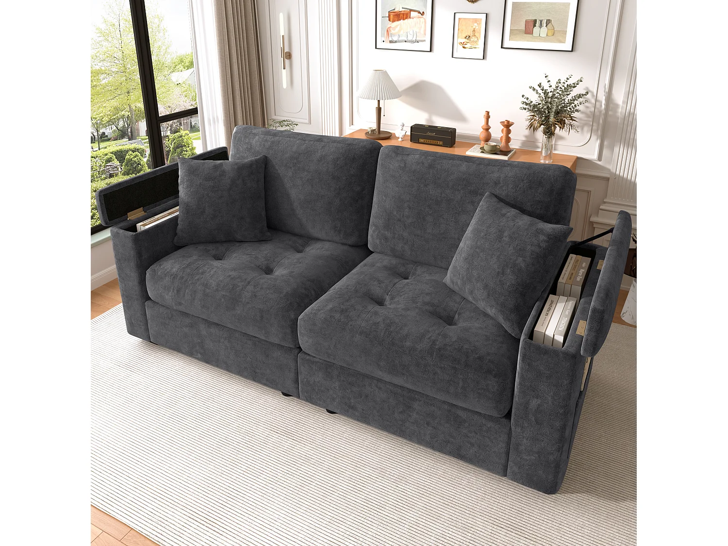 Canapé moderne 2 places - Accoudoirs avec rangement - 2 coussins - Tissu chenille - Gris foncé