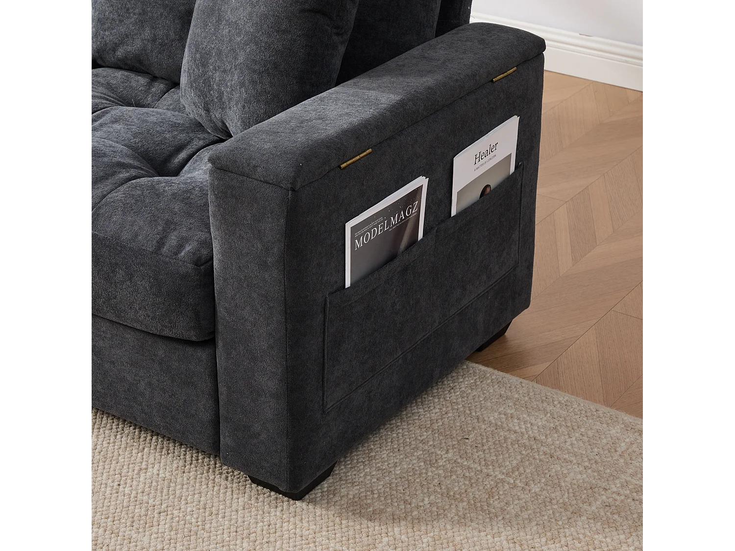 Canapé moderne 2 places - Accoudoirs avec rangement - 2 coussins - Tissu chenille - Gris foncé