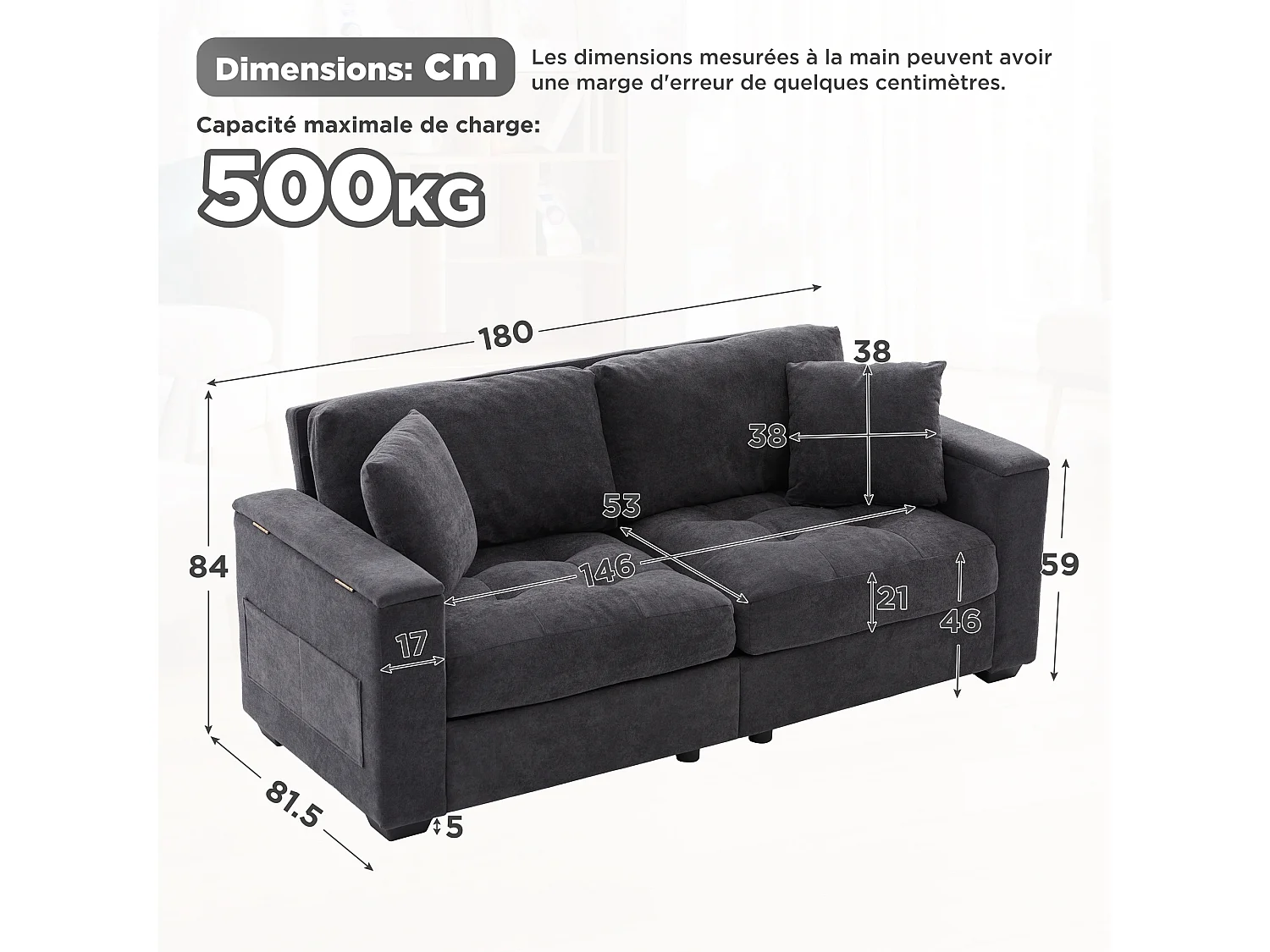 Canapé moderne 2 places - Accoudoirs avec rangement - 2 coussins - Tissu chenille - Gris foncé