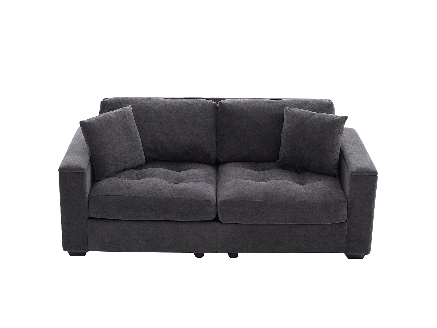 Canapé moderne 2 places - Accoudoirs avec rangement - 2 coussins - Tissu chenille - Gris foncé