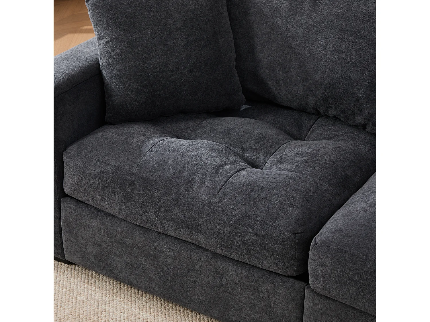 Canapé moderne 2 places - Accoudoirs avec rangement - 2 coussins - Tissu chenille - Gris foncé