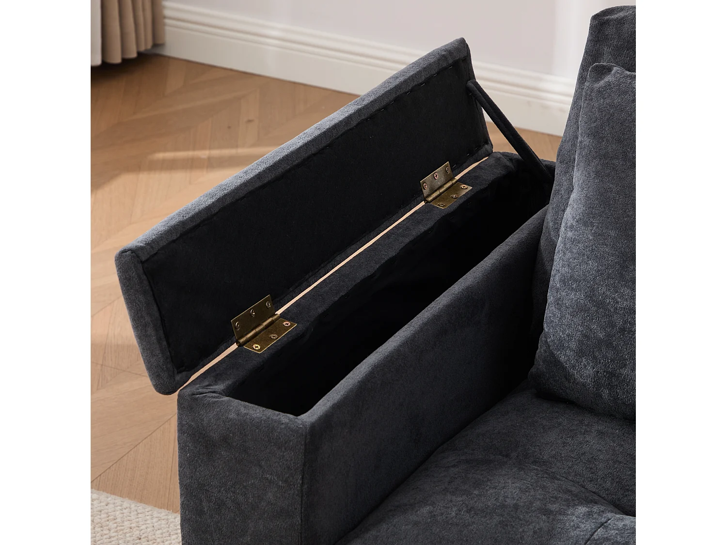 Canapé moderne 2 places - Accoudoirs avec rangement - 2 coussins - Tissu chenille - Gris foncé