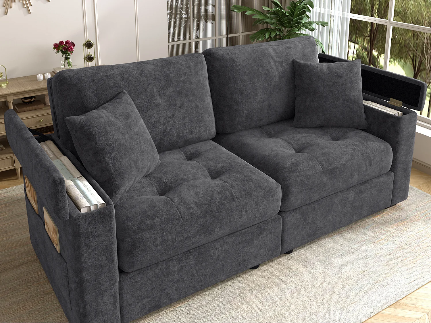 Canapé moderne 2 places - Accoudoirs avec rangement - 2 coussins - Tissu chenille - Gris foncé