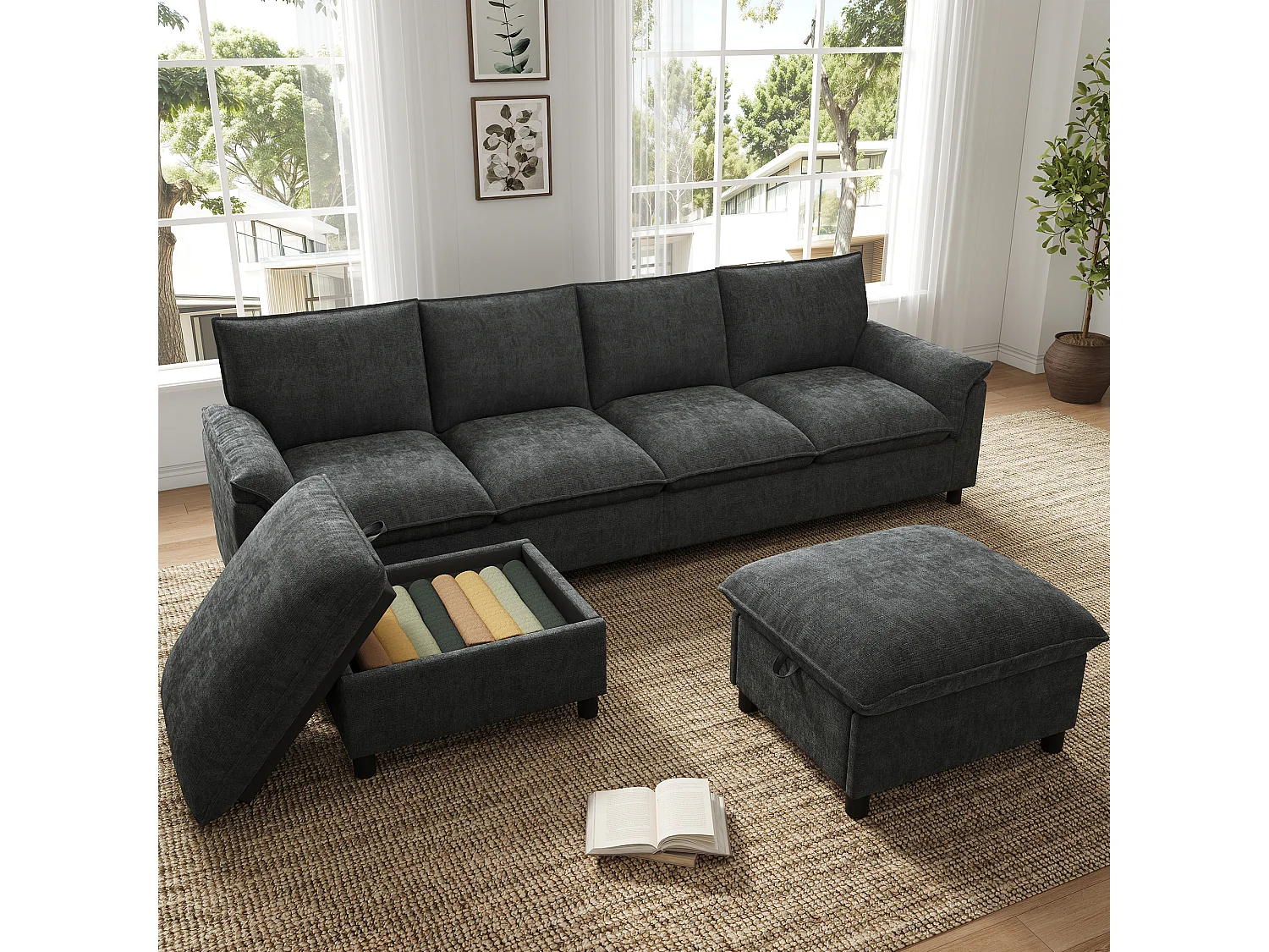 Canapé nuage modulaire en forme de U - avec 2 repose-pieds mobiles - avec espace de rangement - tissu chenille - gris