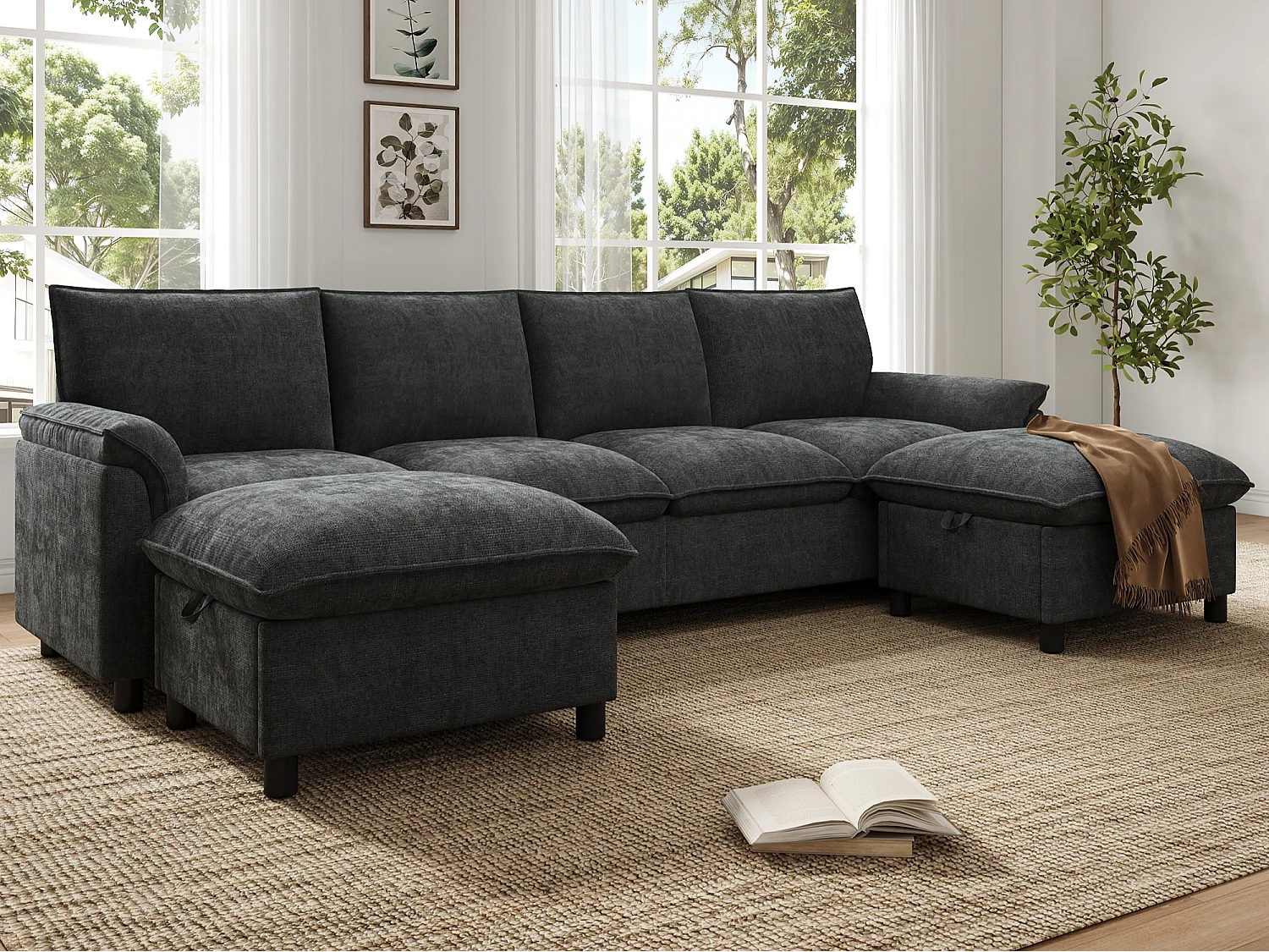 Canapé nuage modulaire en forme de U - avec 2 repose-pieds mobiles - avec espace de rangement - tissu chenille - gris