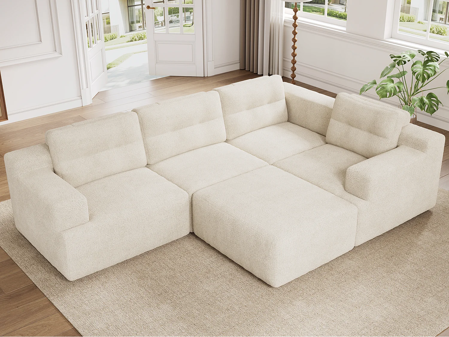 Canapé modulable flexible - structure entièrement en mousse - aucun assemblage requis - tissu chenille - beige