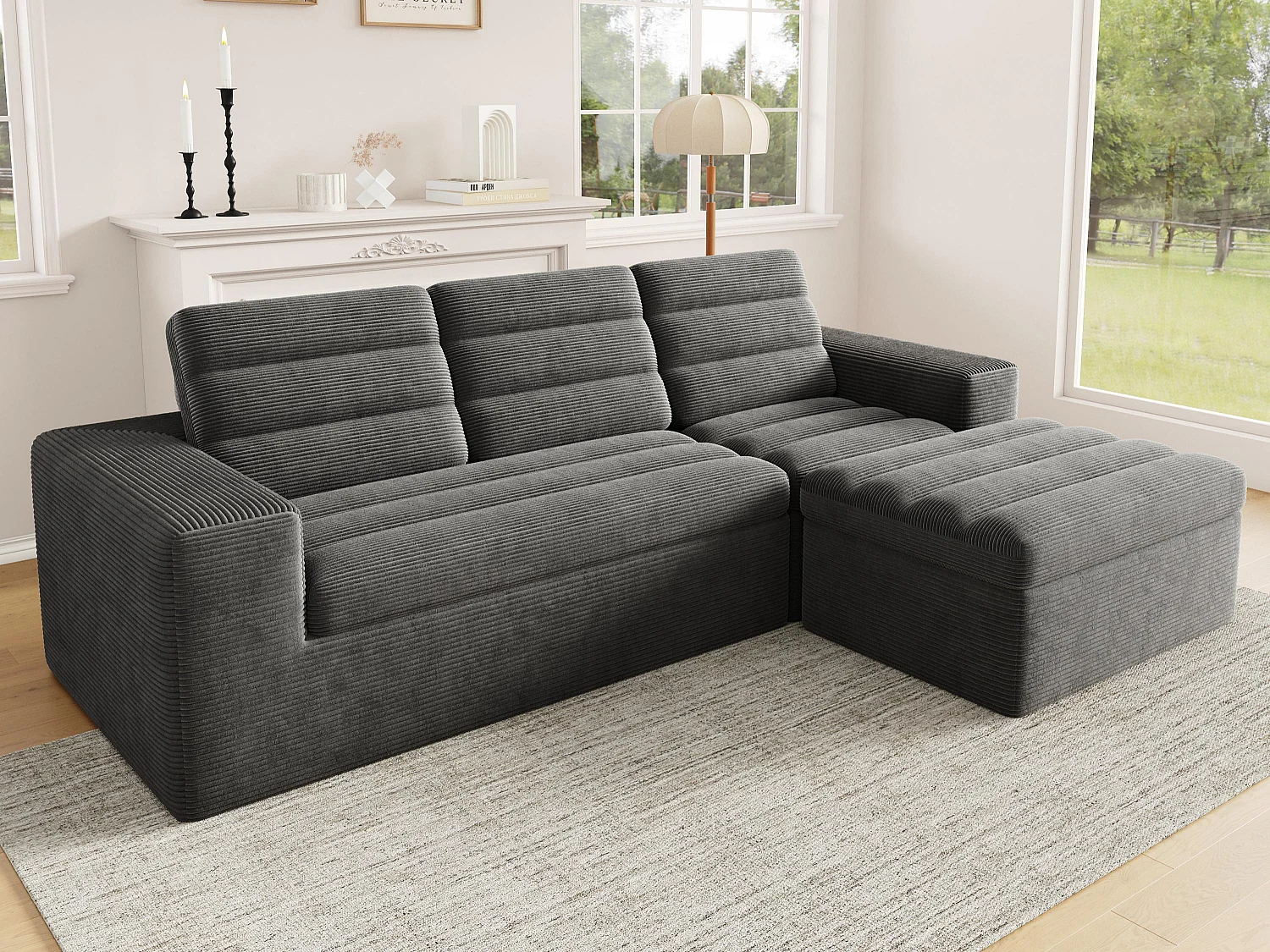 Canapé d'angle moderne en forme de L - design sans cadre - aucun assemblage requis - combinaison libre - tissu chenille - gris foncé