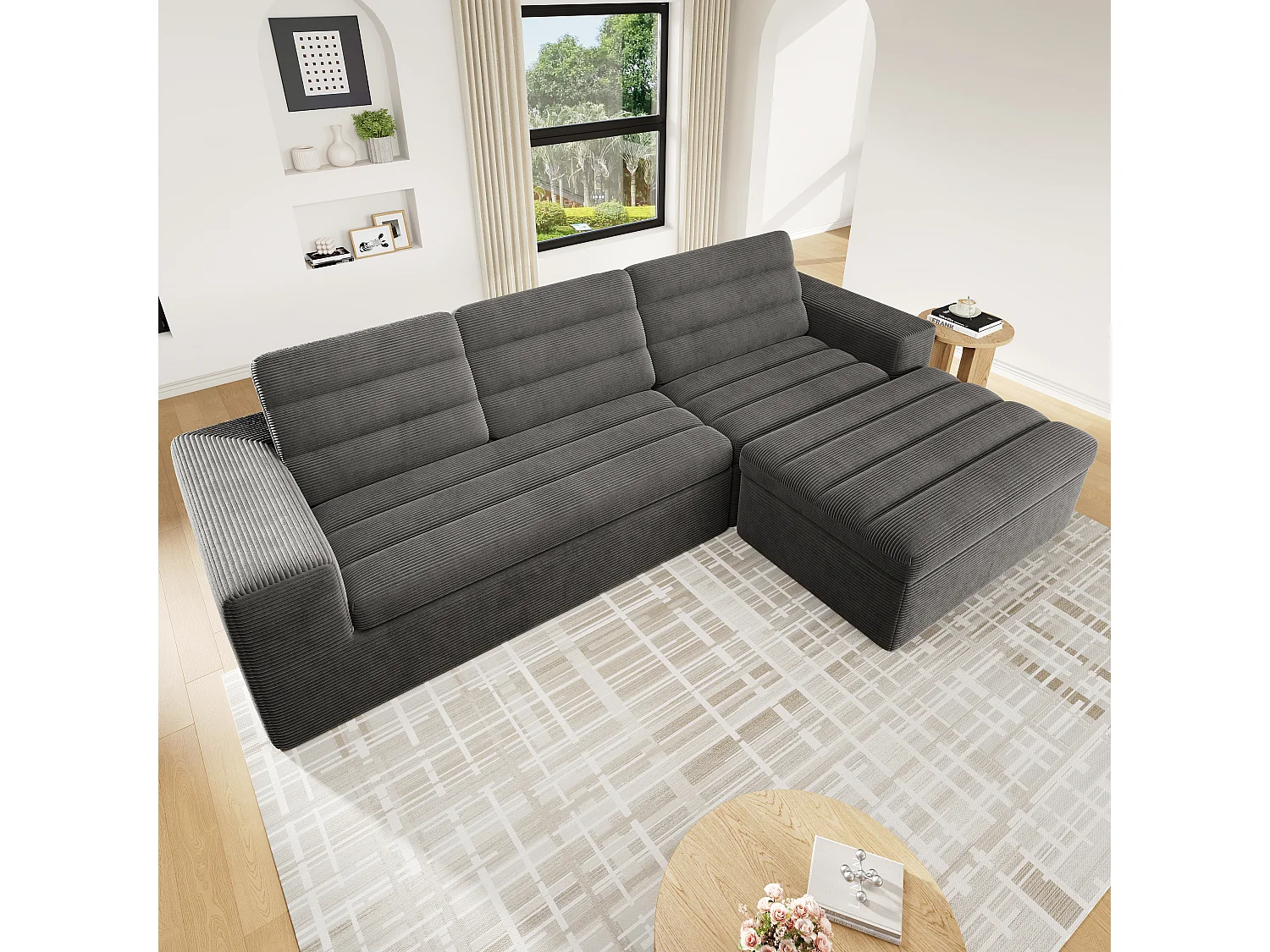 Canapé d'angle moderne en forme de L - design sans cadre - aucun assemblage requis - combinaison libre - tissu chenille - gris foncé