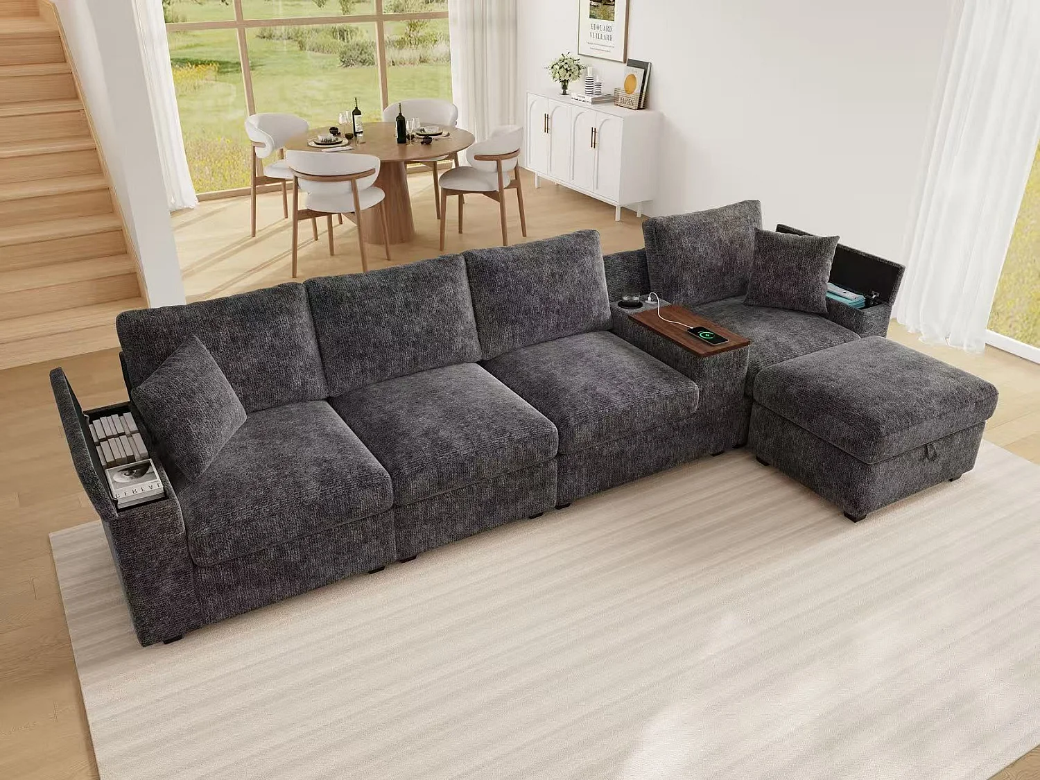 Canapé d'angle moderne 4 places - avec pouf - rangement intégré - port USB/Type-C et porte-gobelet - tissu chenille - gris