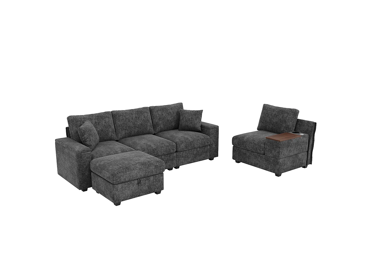 Canapé d'angle moderne 4 places - avec pouf - rangement intégré - port USB/Type-C et porte-gobelet - tissu chenille - gris