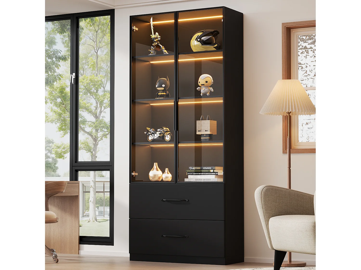 Glasvitrine 60×40×160 cm - mit LED-Beleuchtung - 2 Glastüren und 2 Schubladen - MDF-Struktur - schwarz