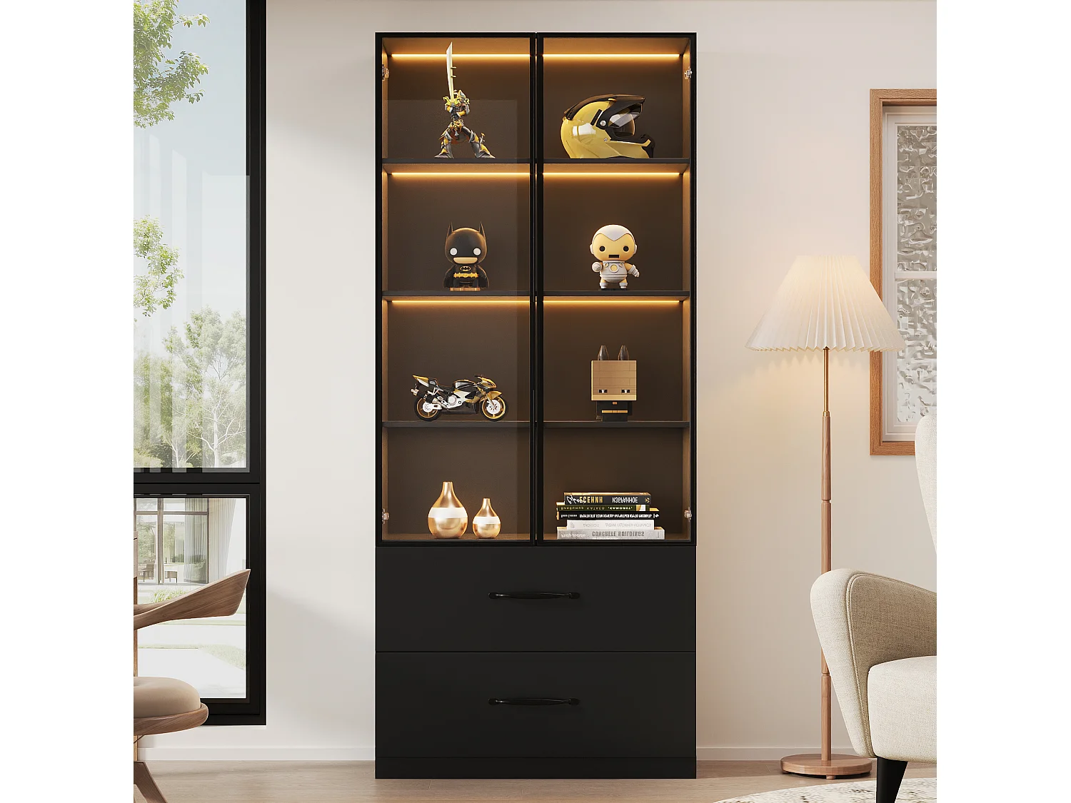 Glasvitrine 60×40×160 cm - mit LED-Beleuchtung - 2 Glastüren und 2 Schubladen - MDF-Struktur - schwarz