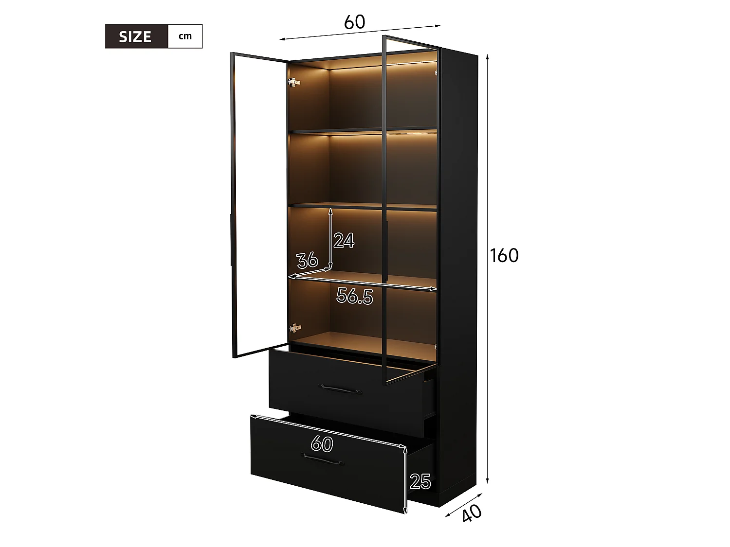 Glasvitrine 60×40×160 cm - mit LED-Beleuchtung - 2 Glastüren und 2 Schubladen - MDF-Struktur - schwarz